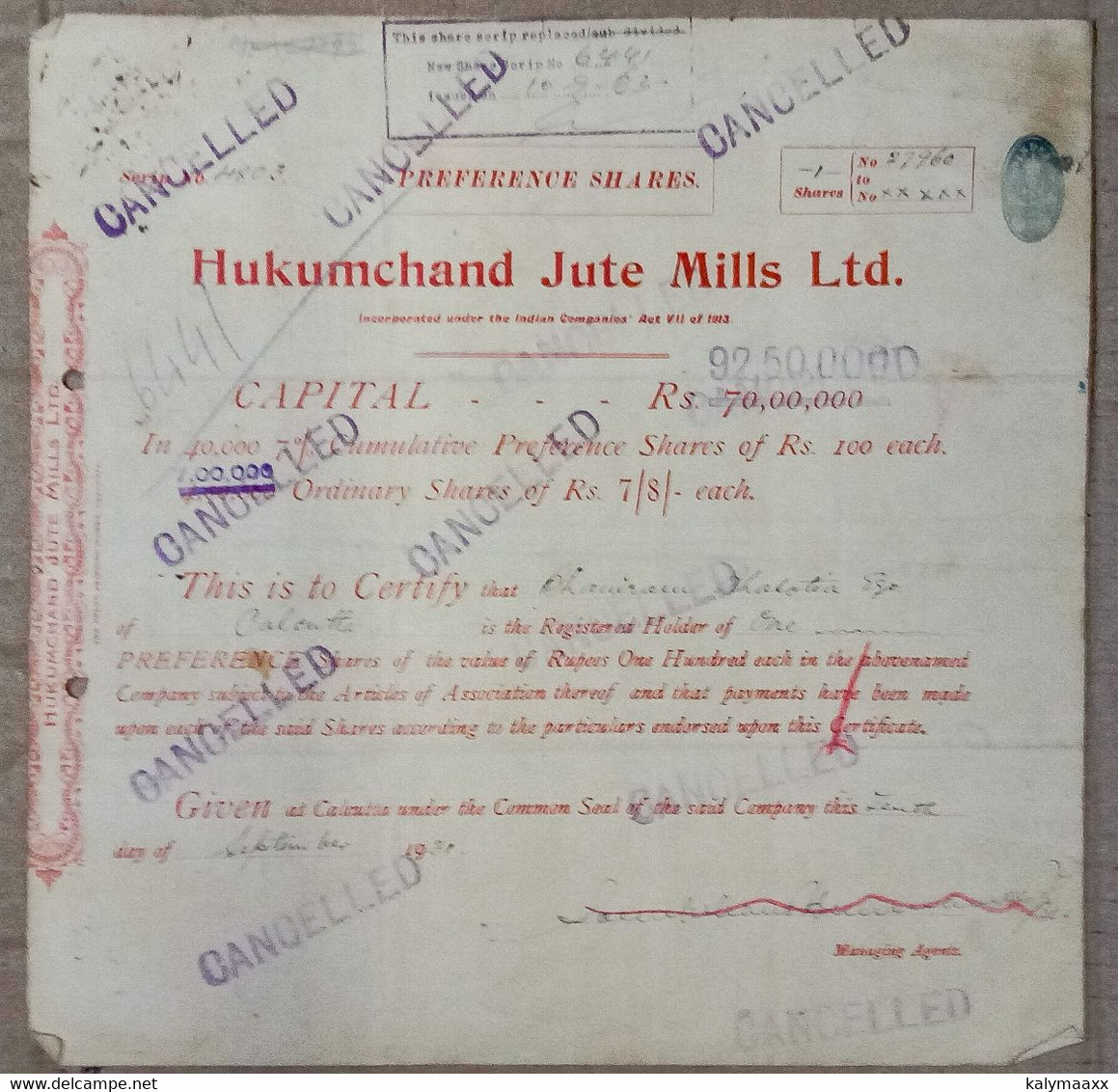 INDIA 1931 HUKUMCHAND JUTE MILLS LIMITED, JUTE INDUSTRY....SHARE CERTIFICATE - Industrie