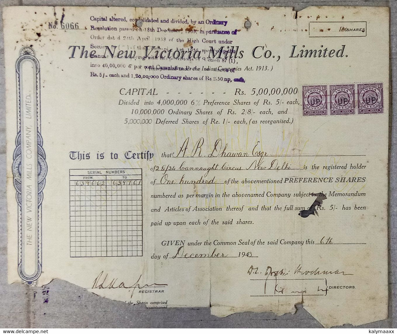 INDIA 1943 THE NEW VICTORIA MILLS Co. LIMITED, TEXTILE INDUSTRY....SHARE CERTIFICATE - Textile