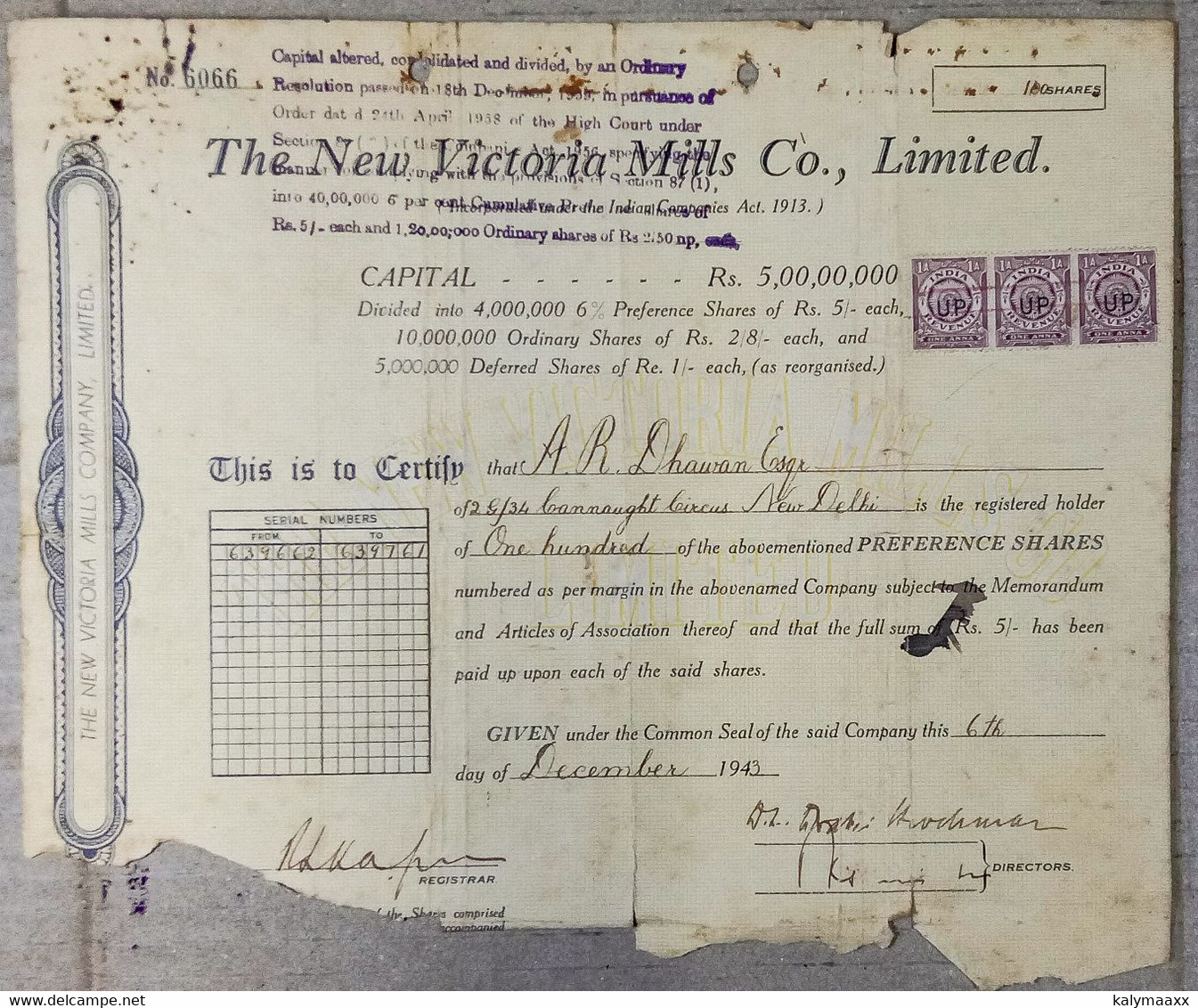 INDIA 1943 THE NEW VICTORIA MILLS Co. LIMITED, TEXTILE INDUSTRY....SHARE CERTIFICATE - Textiel