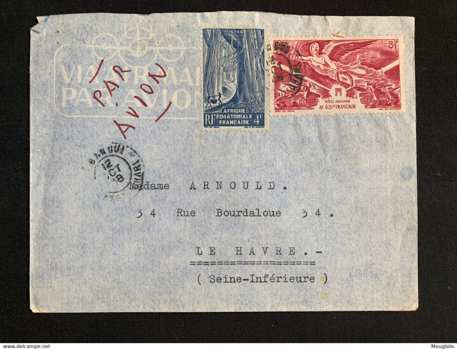 Colonies Françaises De Bangui Vers Le Havre Octobre 1946 Avec No 220 Et AV 43 Poste Aérienne - Usati