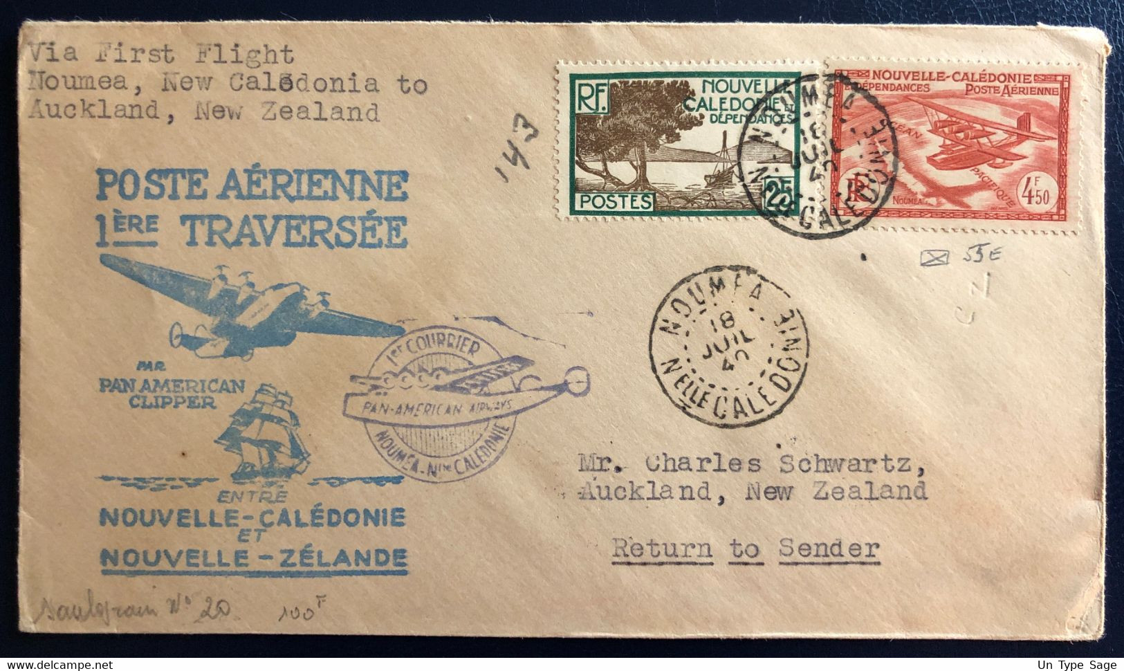 Nouvelle Calédonie Divers Sur Enveloppe De Nouméa 18.7.1940 - Première Traversée Nlle Calédonie / Nlle Zélande - (B4565) - Storia Postale