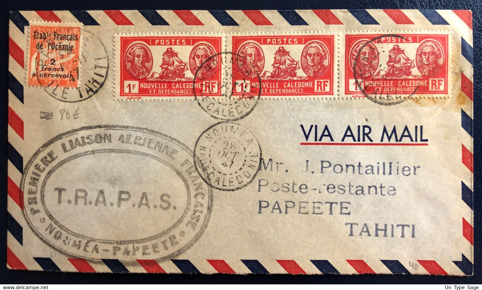 Nouvelle Calédonie Divers Sur Enveloppe De Nouméa 28.10.1947 - T.R.A.P.A.S + Taxe Tahiti - (B4566) - Covers & Documents