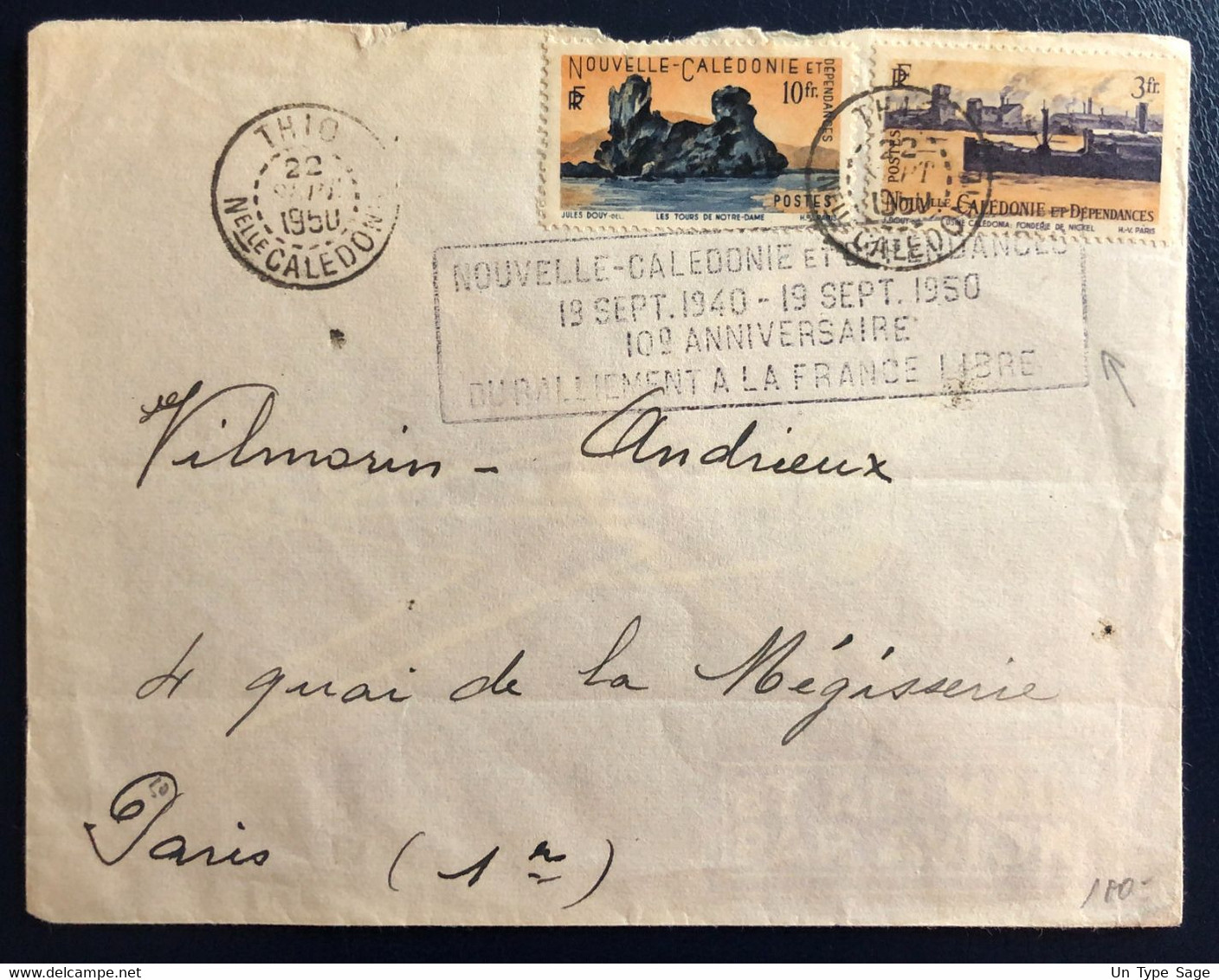 Nouvelle Calédonie Divers Sur Enveloppe De Thio 22.9.1950 + Flamme Ralliement à La France Libre - (B4569) - Storia Postale