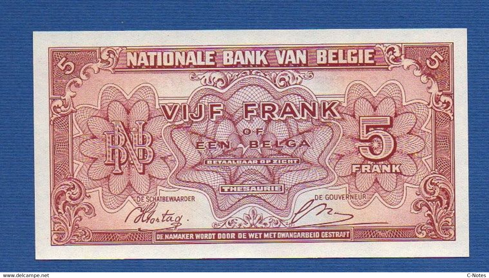 BELGIUM - P.121 - 5 Francs 1943 UNC, Serie M1 624625 - 5 Franchi