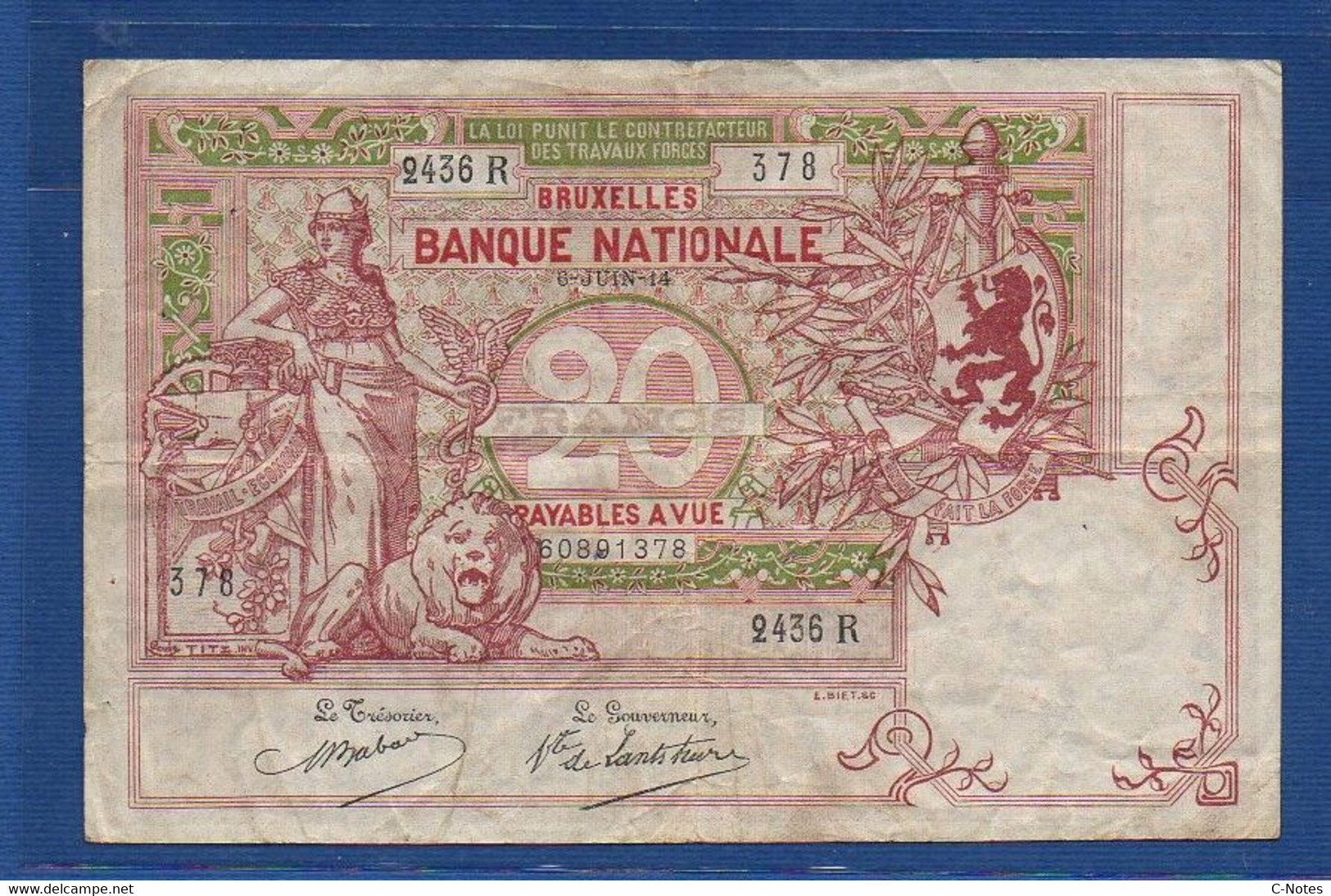 BELGIUM - P. 67 - 20 Francs 06.06.1914 Circulated F/VF, Serie 2436 R 378 - 5-10-20-25 Franchi