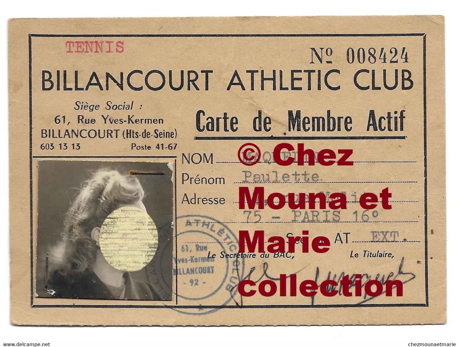 TENNIS BILLANCOURT ATHLETIC CLUB MAQUELIN PAULETTE CARTE DE MEMBRE - Documentos Históricos