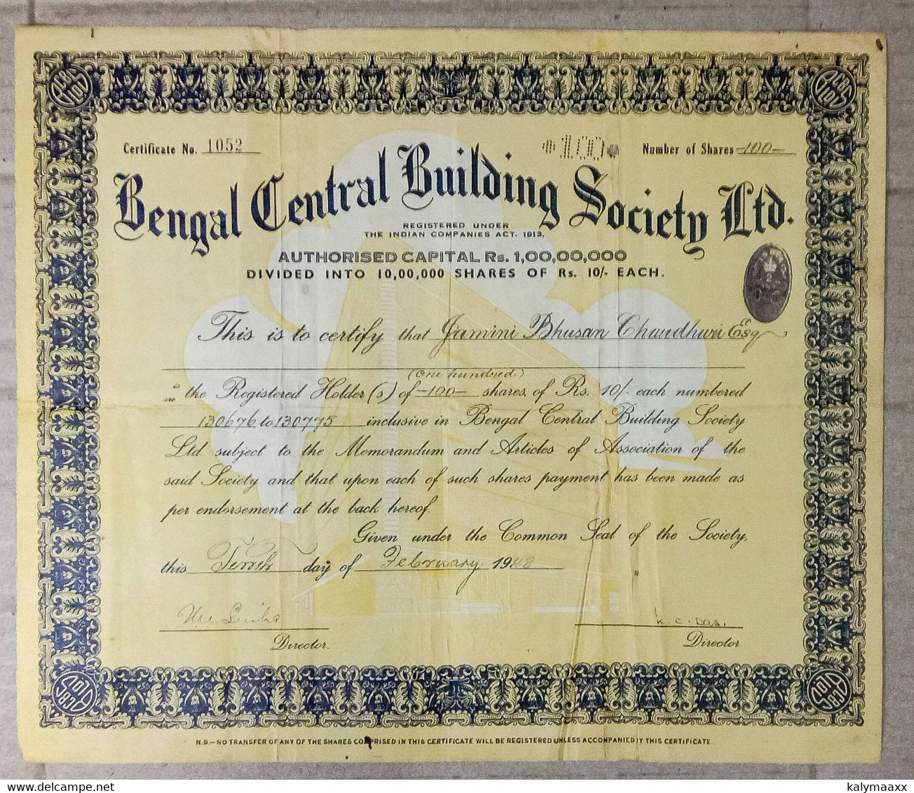 INDIA 1947 BENGAL CENTRAL BUILDING SOCIETY LIMITED, REAL ESTATE....SHARE CERTIFICATE - Industrie