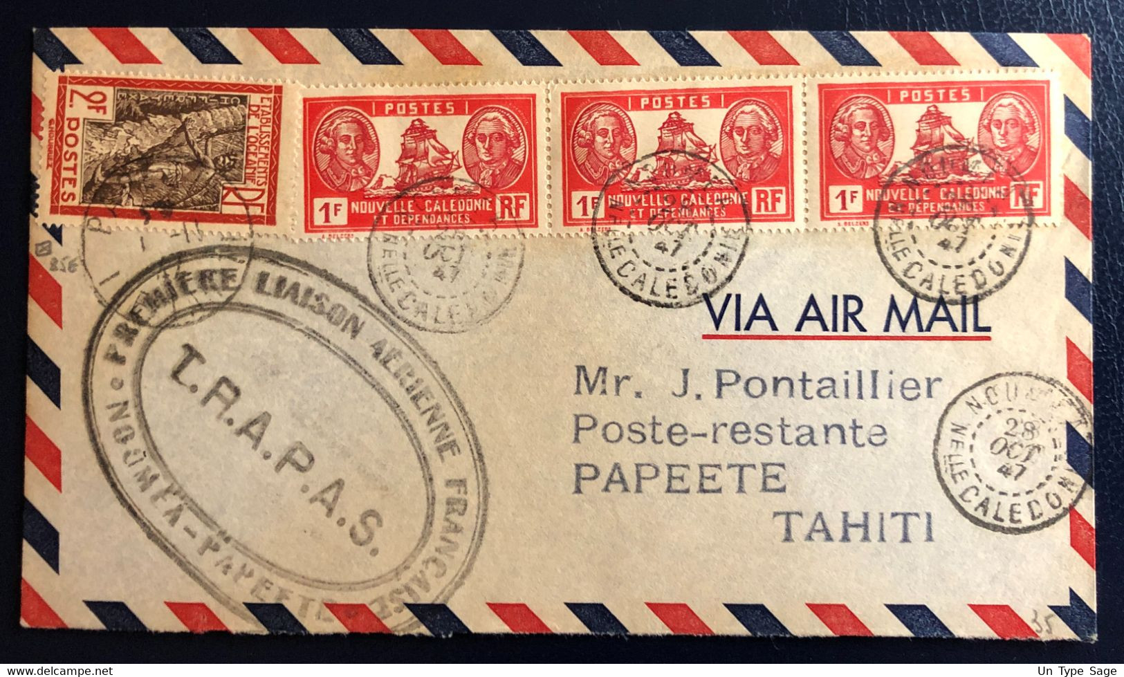 Nouvelle Calédonie Divers Sur Enveloppe De Nouméa 28.10.1947 - T.R.A.P.A.S + Taxe Tahiti - (B4585) - Storia Postale
