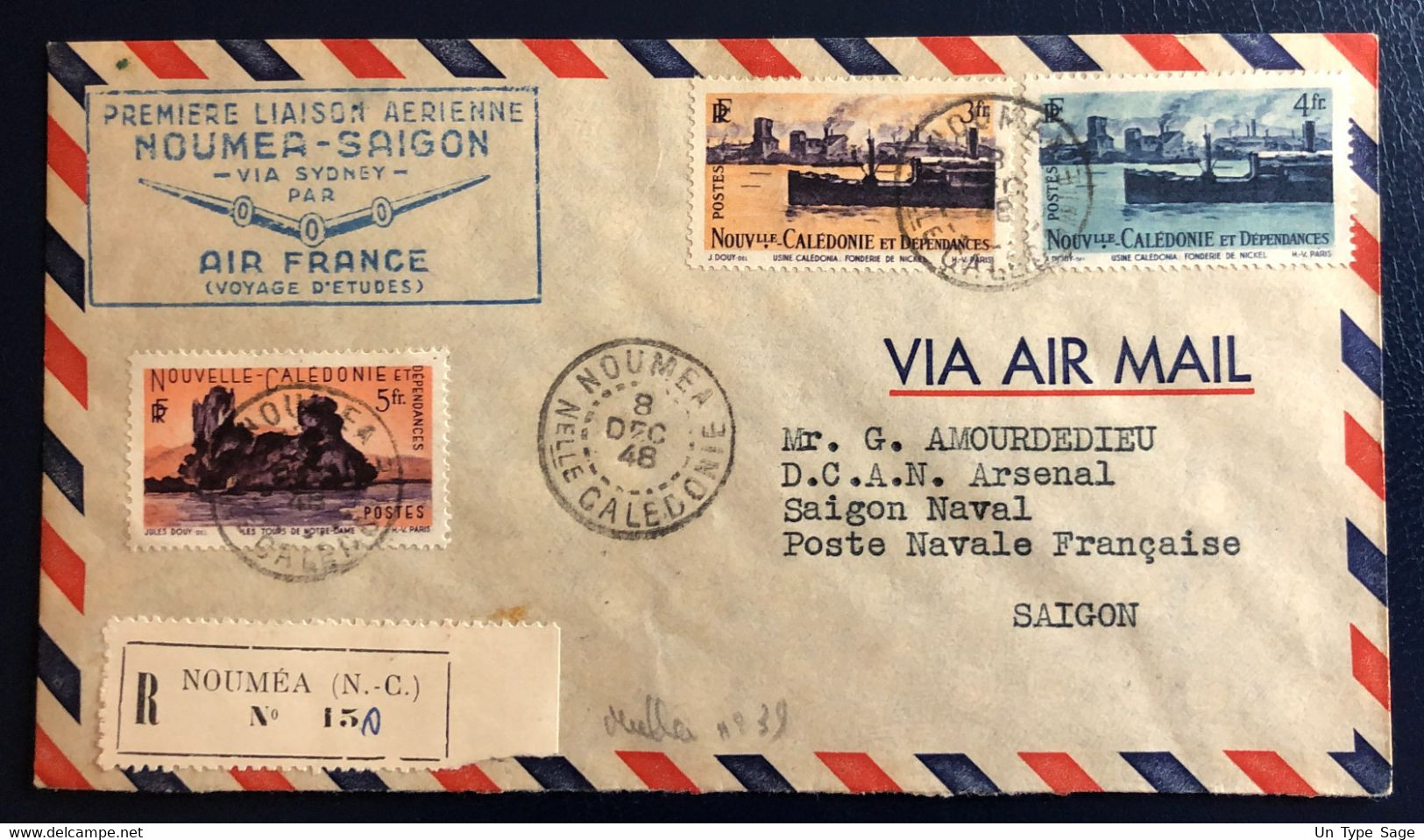 Nouvelle Calédonie Divers Sur Enveloppe - Liaison NOUMEA-SAIGON 8.12.1948 - (B4586) - Brieven En Documenten