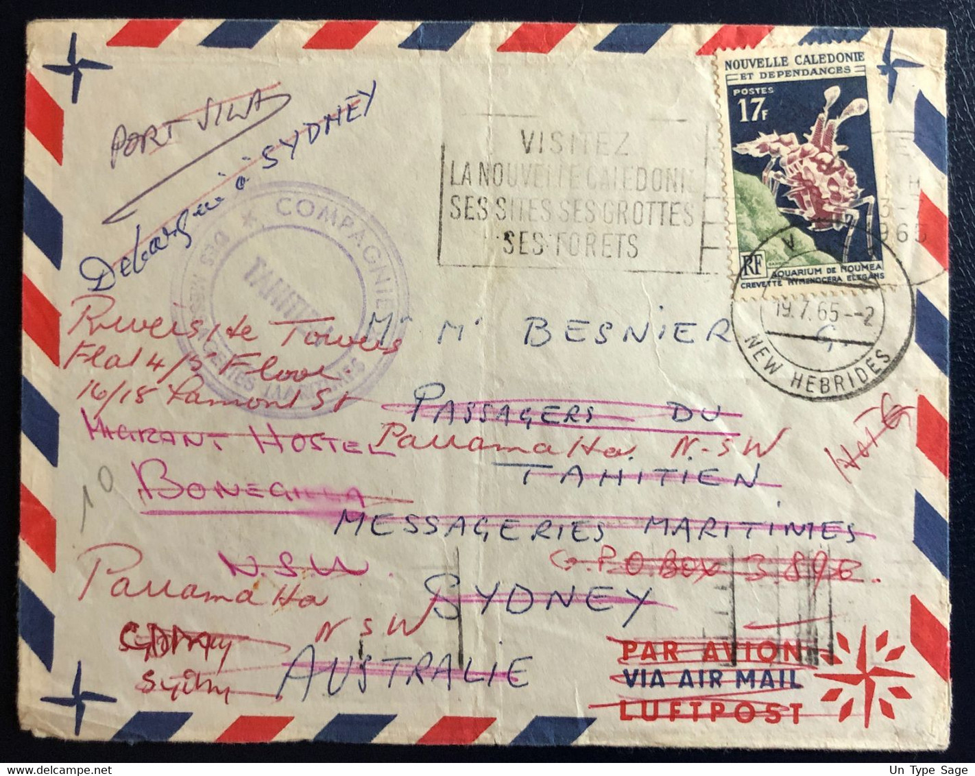 Nouvelle Calédonie Divers Sur Enveloppe TAD VILA NEW HEBRIDES 19.7.1965 + Cachet Messageries Maritimes - (B4594) - Brieven En Documenten