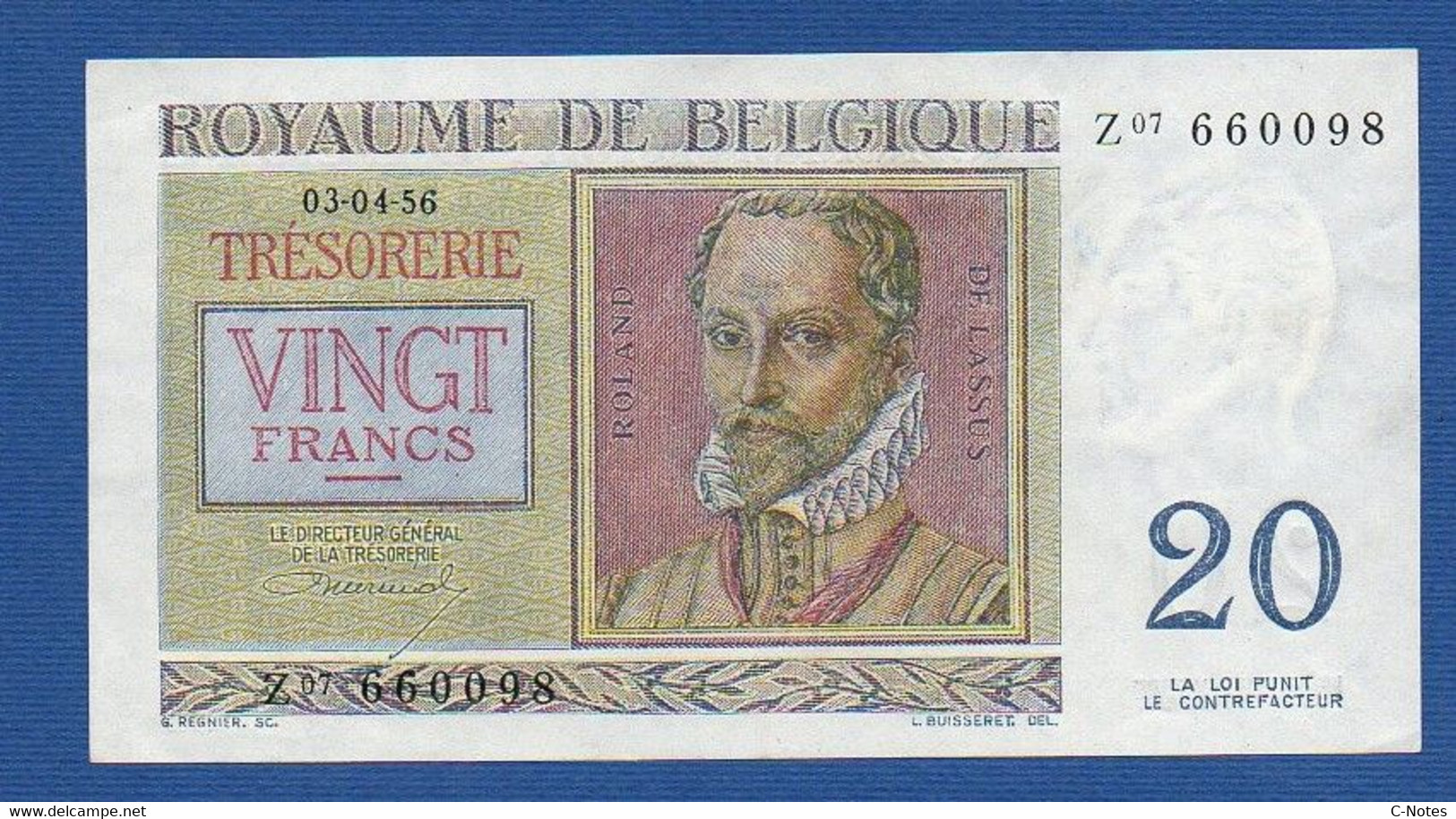 BELGIUM - P.132b - 20 Francs 03.04.1956 XF/AU, Serie Z07 660098 - Sonstige & Ohne Zuordnung