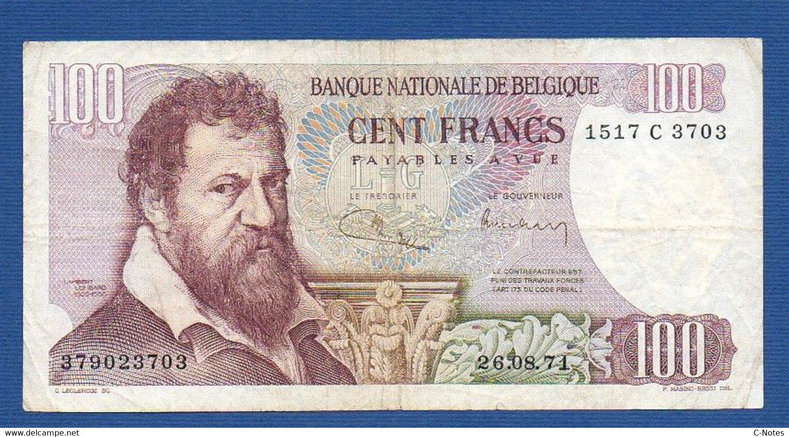 BELGIUM - P.134b - 100 Francs 26.08.1971 AVF, Serie 1517 C 3703 - 100 Franchi