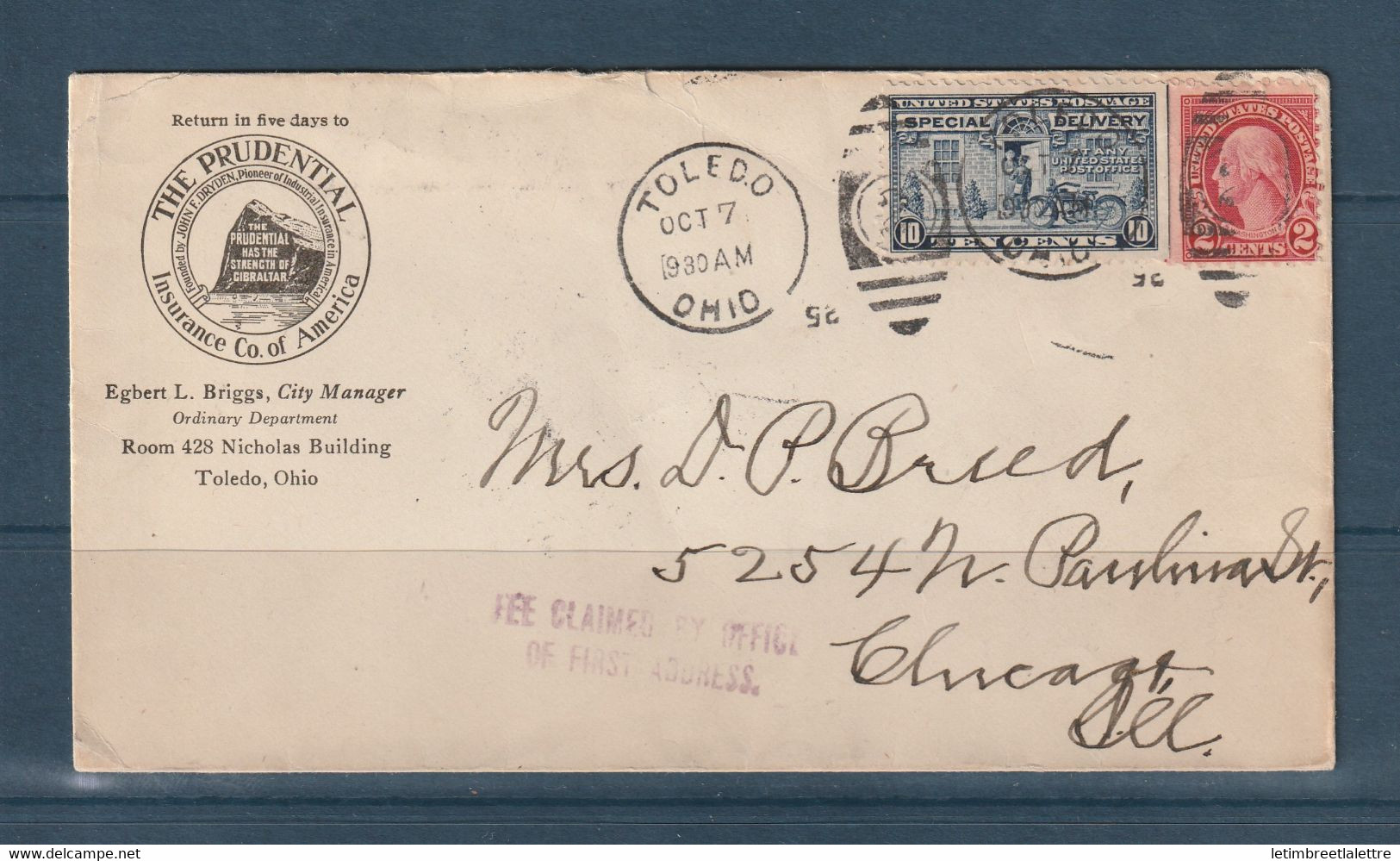 USA - Toledo ( Ohio ) Pour Chicago - Enveloppe à Entête The Prudential ( Assurance ) - 1930 - Schmuck-FDC