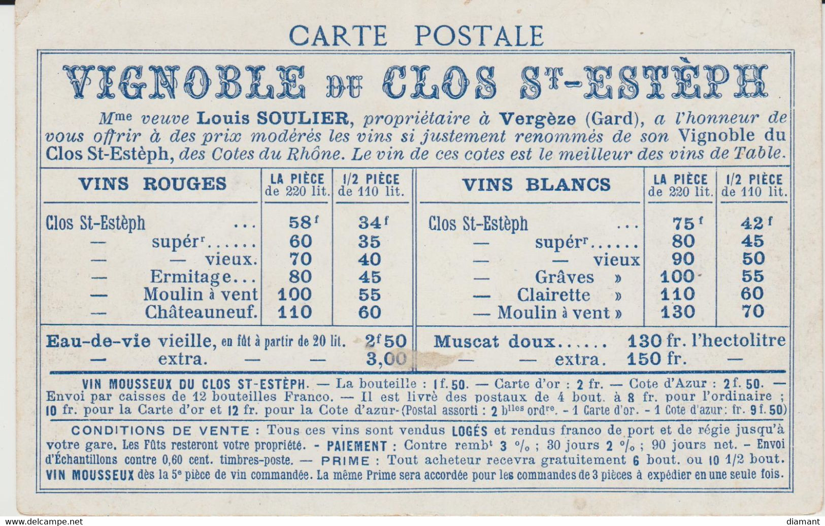 VERGEZE (30) - Carte Tarifaire Du VIGNOBLE Du CLOS ST-ESTEPH De Mme Louis SOULIER - état Correct - Vergèze