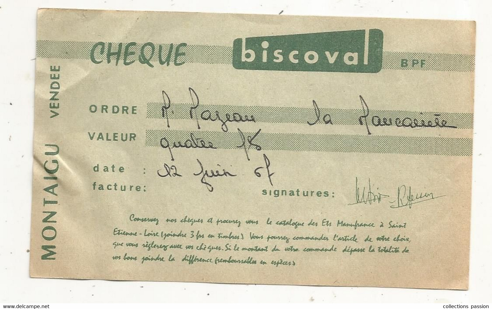 Publicité, Chèque BISCOVAL , Montaigu, Vendée, 1967 - Publicités