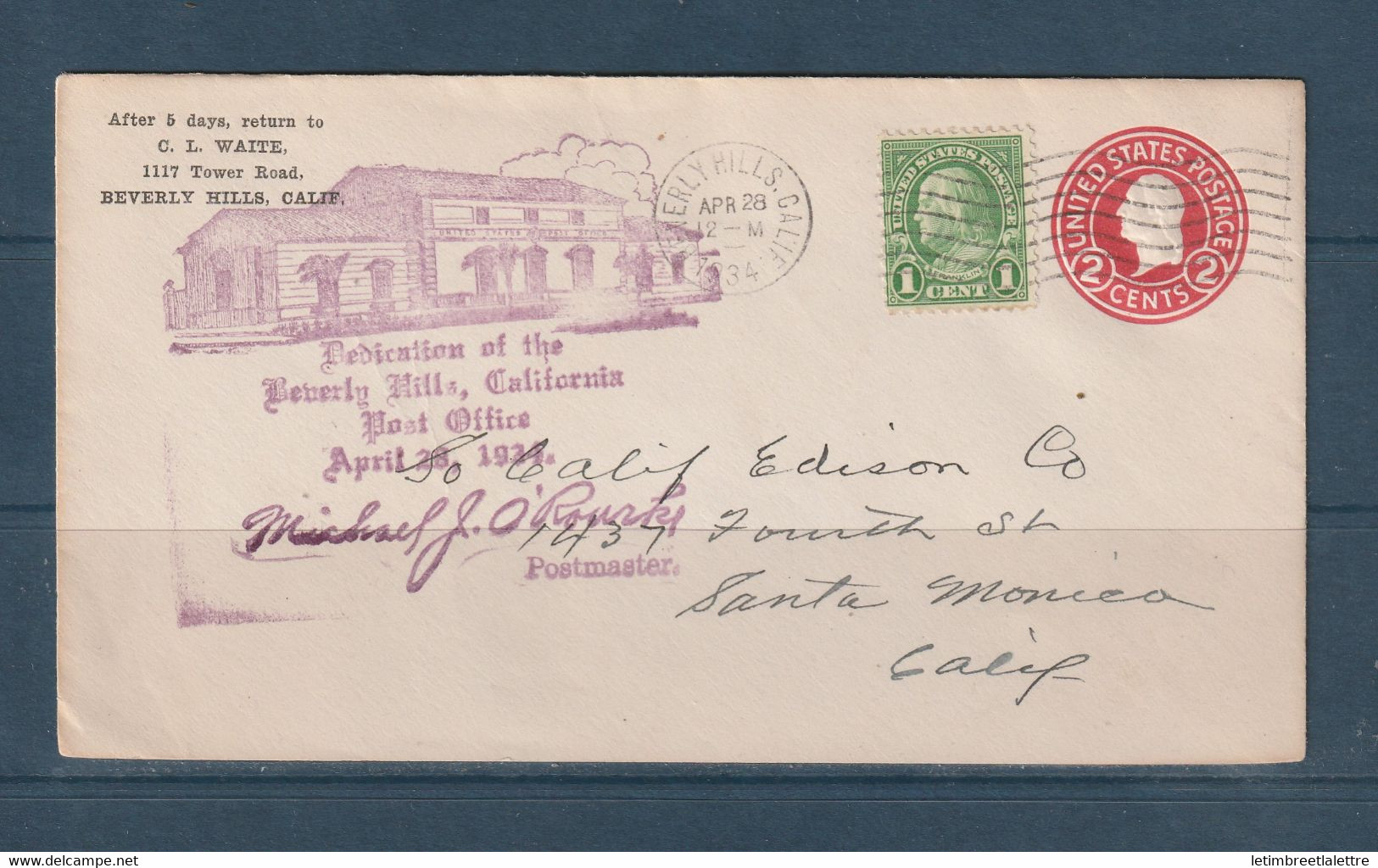 USA - Entier Postal - Beverly Hills ( Californie ) - Souvenir - 1934 - Omslagen Van Evenementen