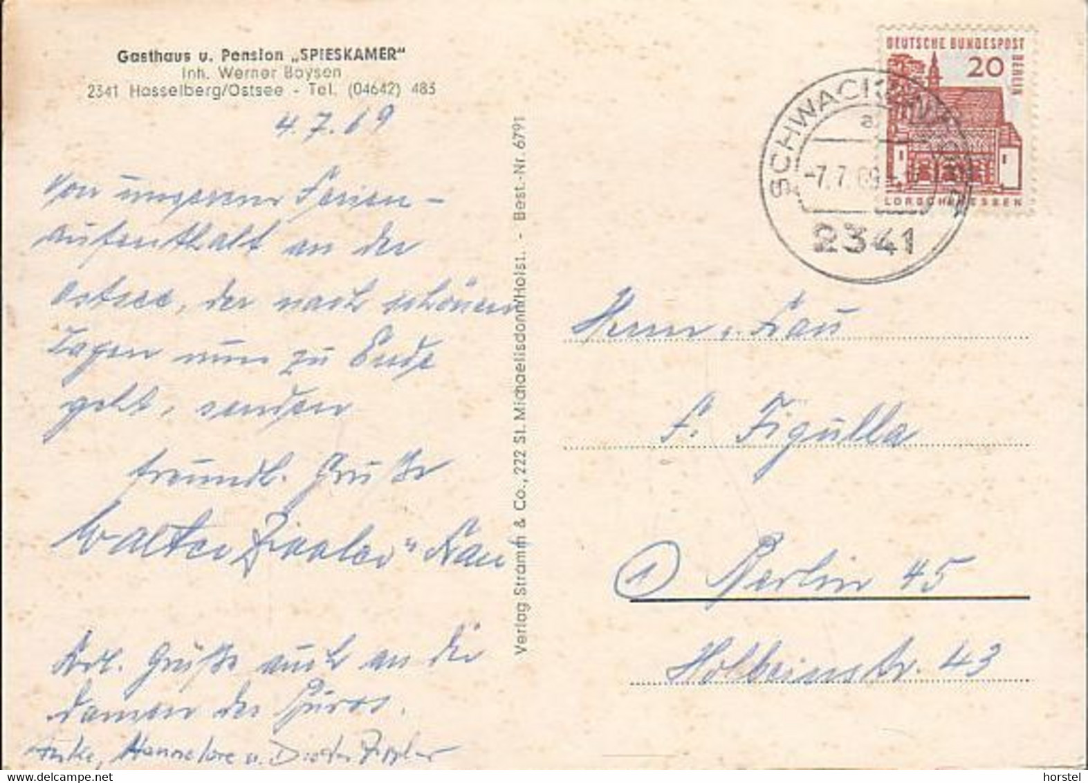 D-24376 Hasselberg - Gasthaus Und Pension "Spieskamer" - Nice Stamp - Kappeln / Schlei