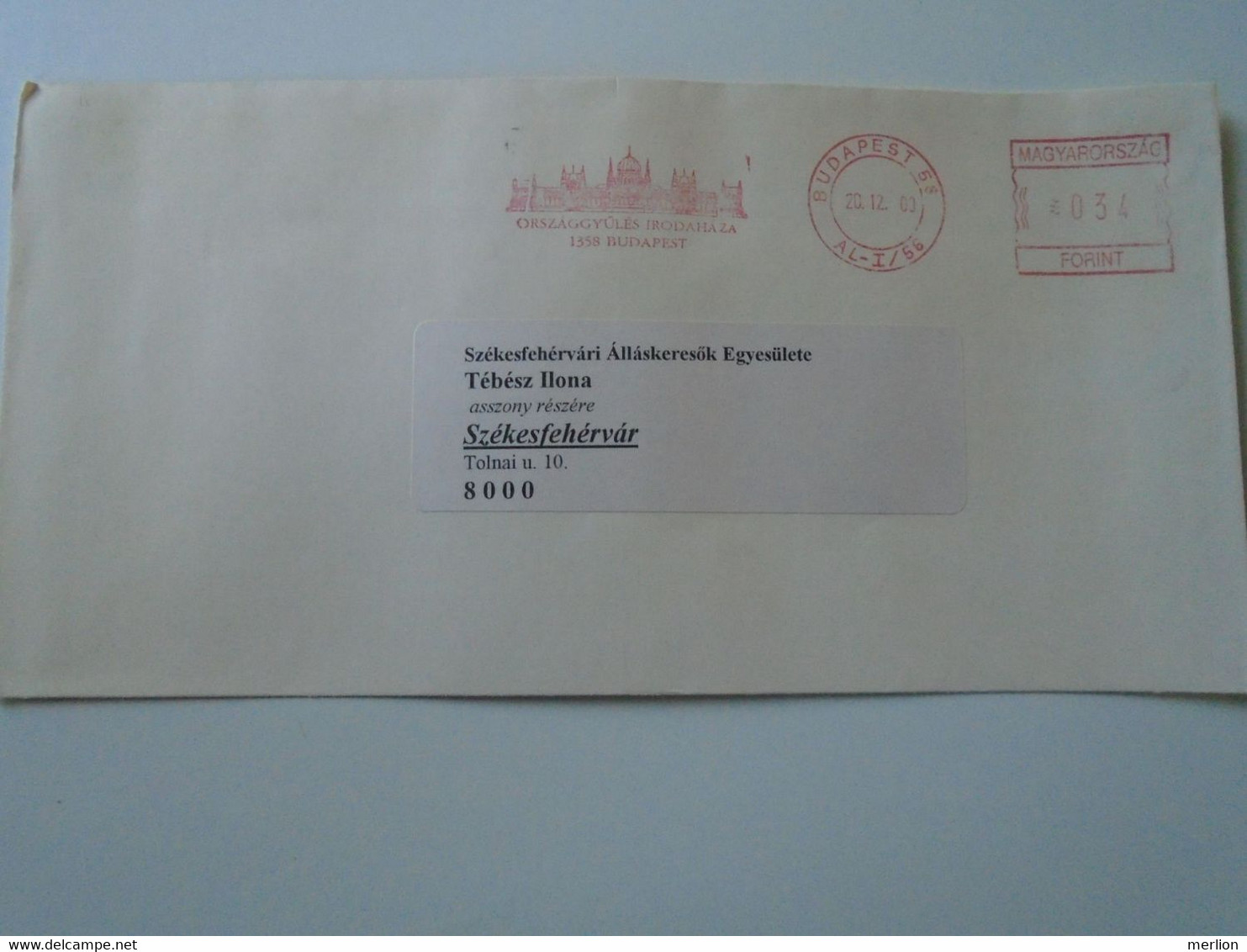 AD00012.99  Hungary  Cover -EMA Red Meter Freistempel-  2000   Budapest  Országház - Parliament -Magyar Országgyűlés - Timbres De Distributeurs [ATM]