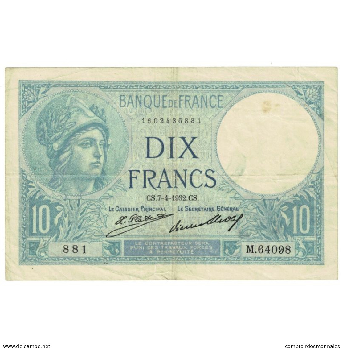 France, 10 Francs, Minerve, 1932, M.64098, TTB, Fayette:6.16, KM:73d - 10 F 1916-1942 ''Minerve''