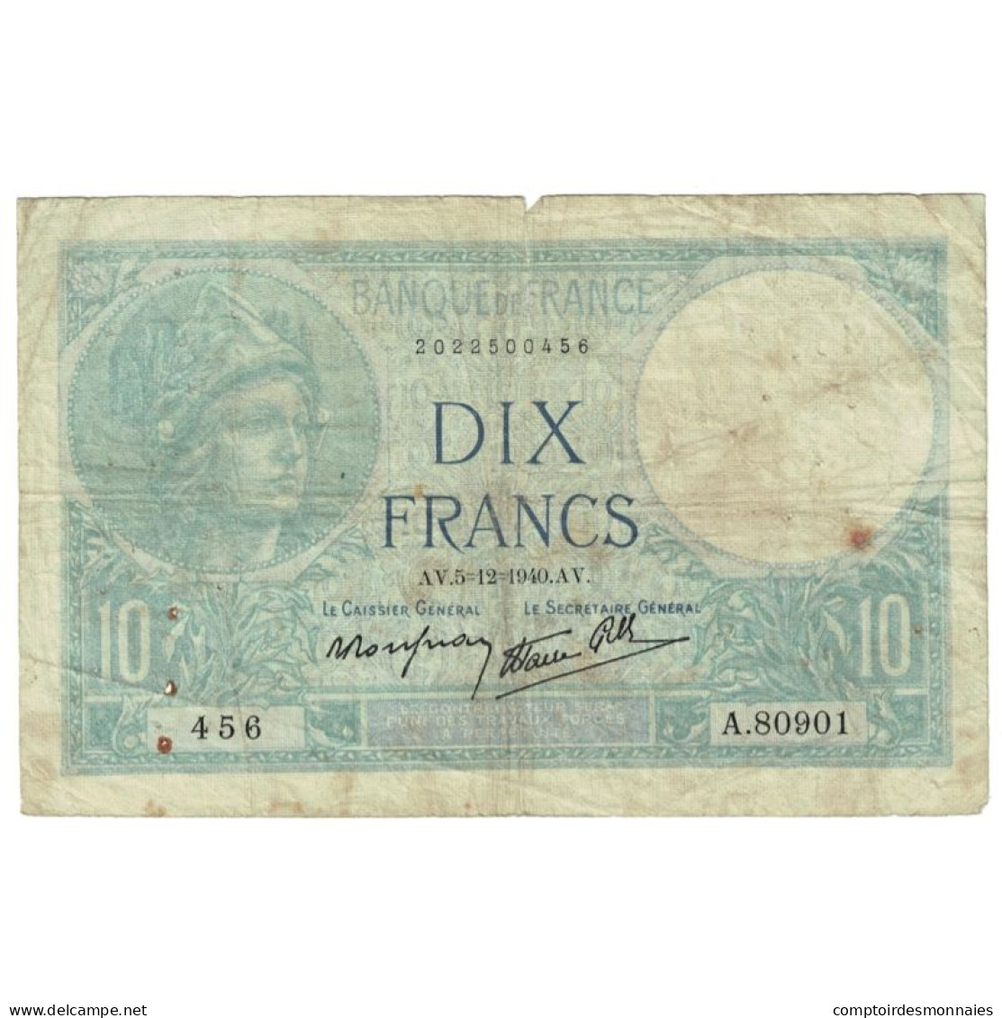 France, 10 Francs, Minerve, 1940, A.80901, TB, Fayette:7.23, KM:84 - 10 F 1916-1942 ''Minerve''