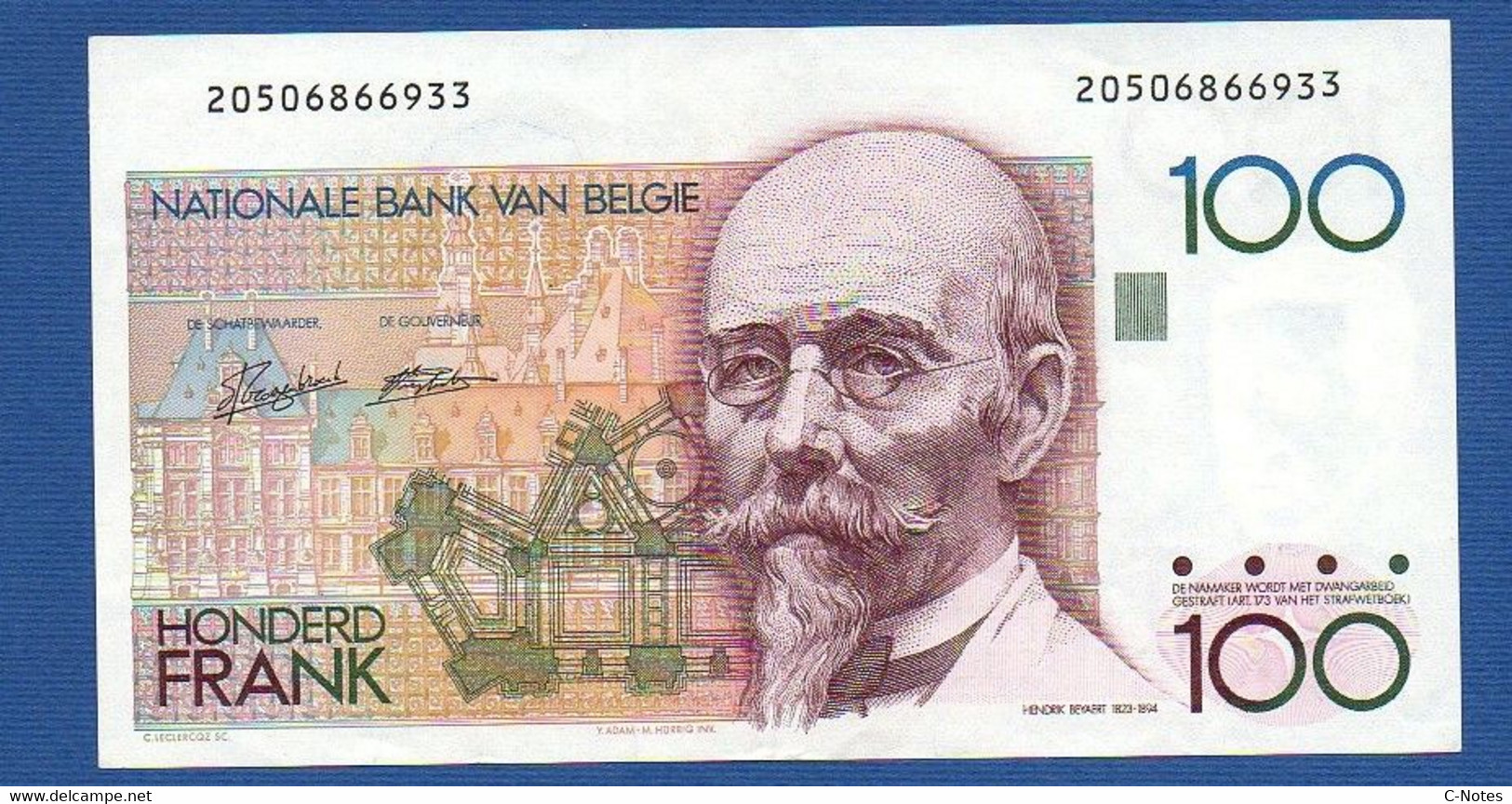 BELGIUM - P.142a(6) - 100 Francs 1982-1994 XF, Serie 20506866933 - 100 Francs