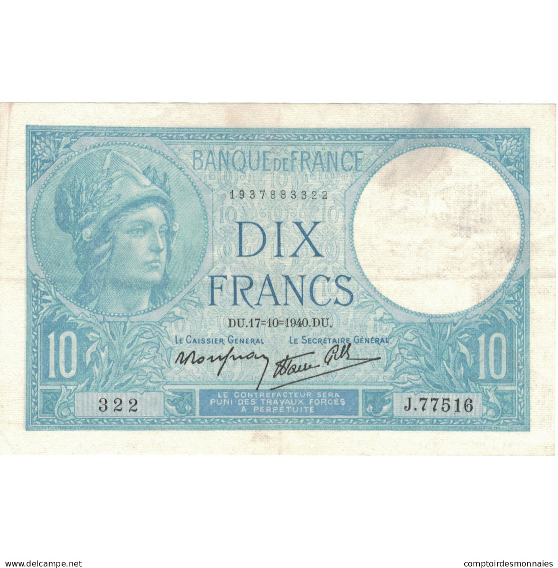 France, 10 Francs, Minerve, 1940, 322 J.77516, TTB, Fayette:7.17, KM:84 - 10 F 1916-1942 ''Minerve''