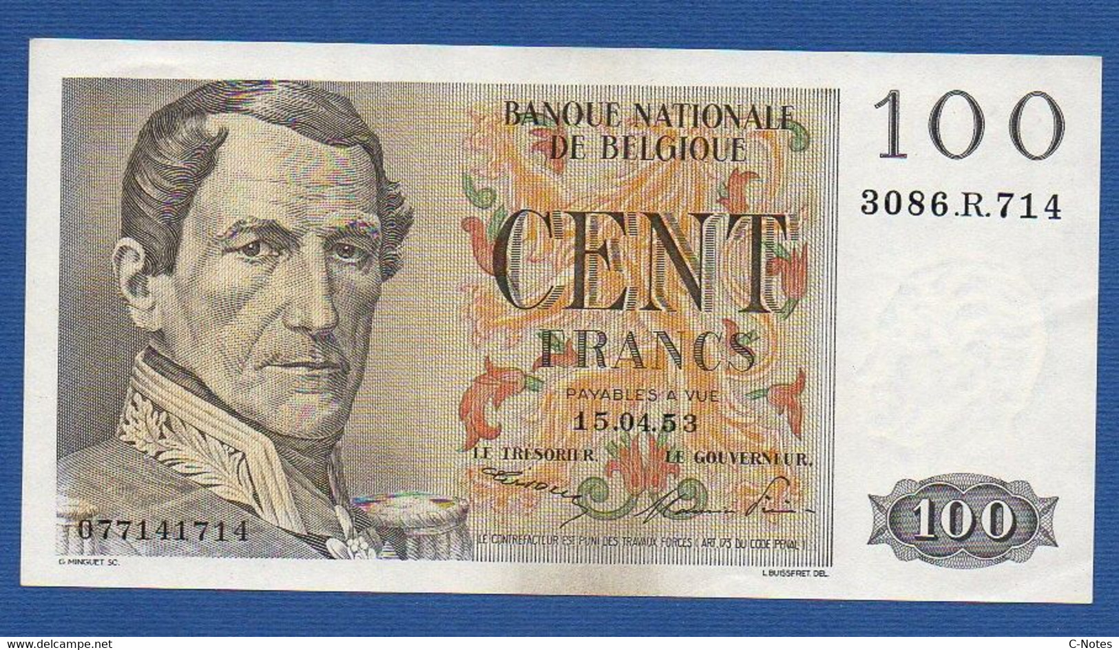 BELGIUM - P.129a - 100 Francs 15.01.1953 AUNC, Serie 3086.R.714 - 100 Franchi