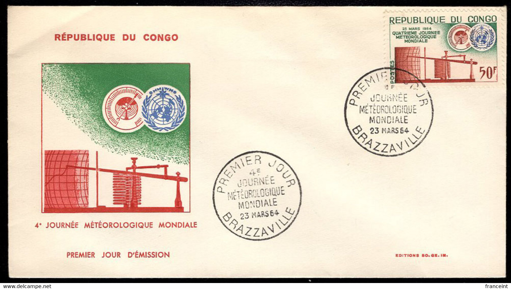 CONGO(1964) Barograph. WMO Emblem. Unaddressed FDC With Cachet And Thematic Cancel. Scott No 111 - FDC