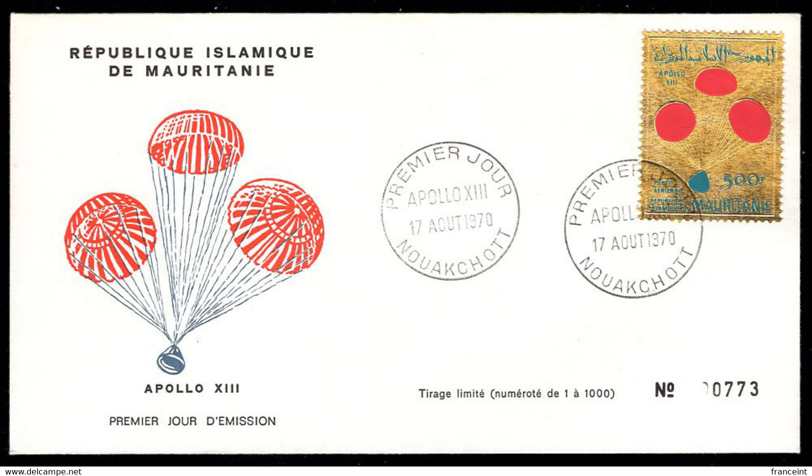 MAURITANIA(1970) Apollo XIII Capsule Parachiting. Unaddressed FDC. Gold Foil Stamp. Scott No C104. - Mauritanie (1960-...)