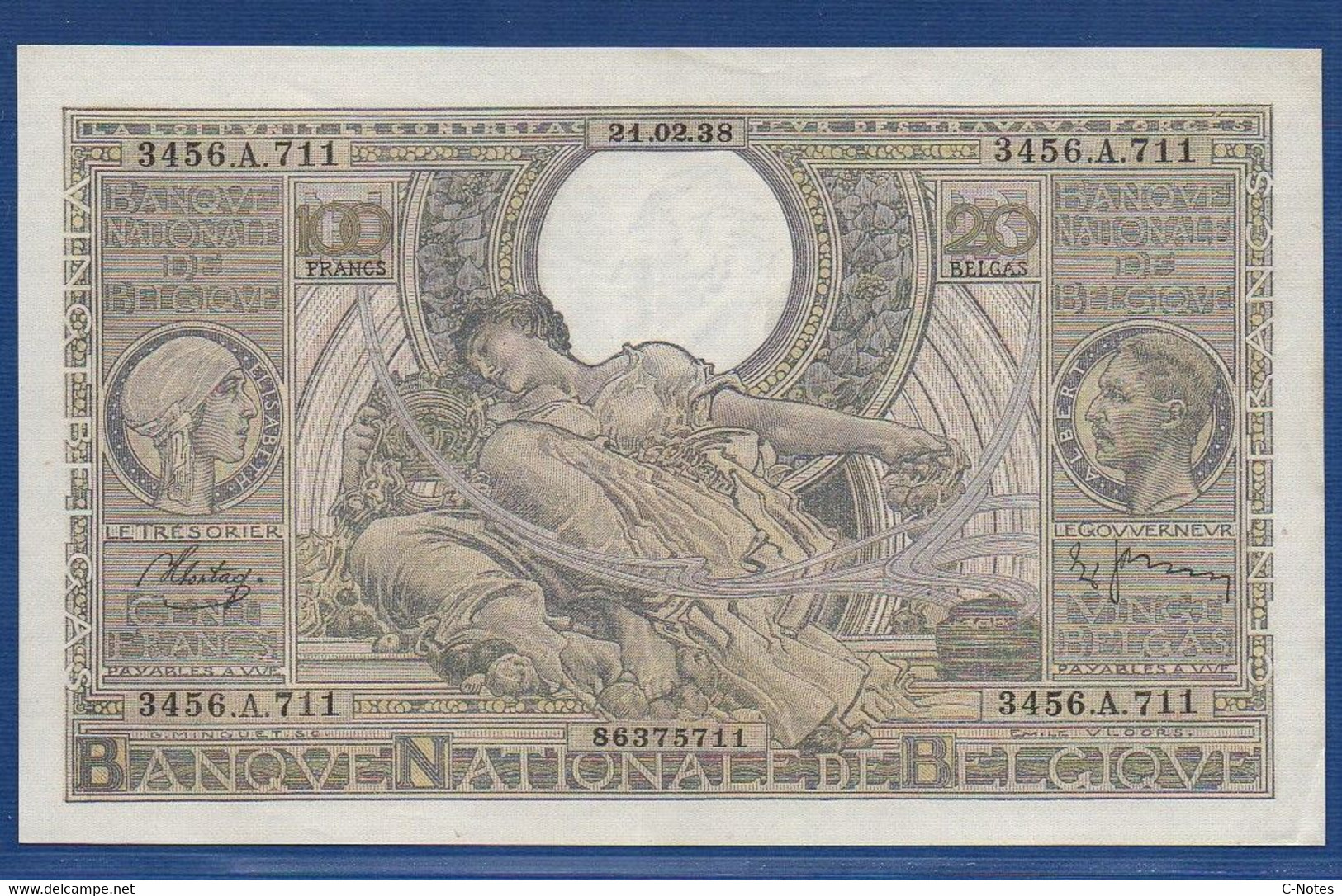 BELGIUM - P.107a(3) - 100 Francs / Frank = 20 Belgas 21.02.1938 XF+, Serie 3456.A.711 - 100 Francos & 100 Francos-20 Belgas