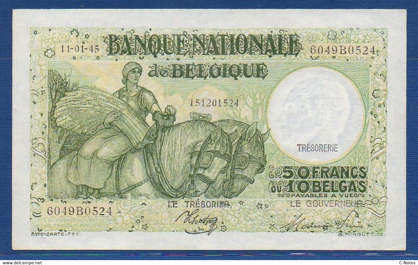 BELGIUM - P.106 - 50 Francs / Frank = 10 Belgas / Belga 11.01.1945  UNC-, Serie 6049B0524 - 50 Francs-10 Belgas