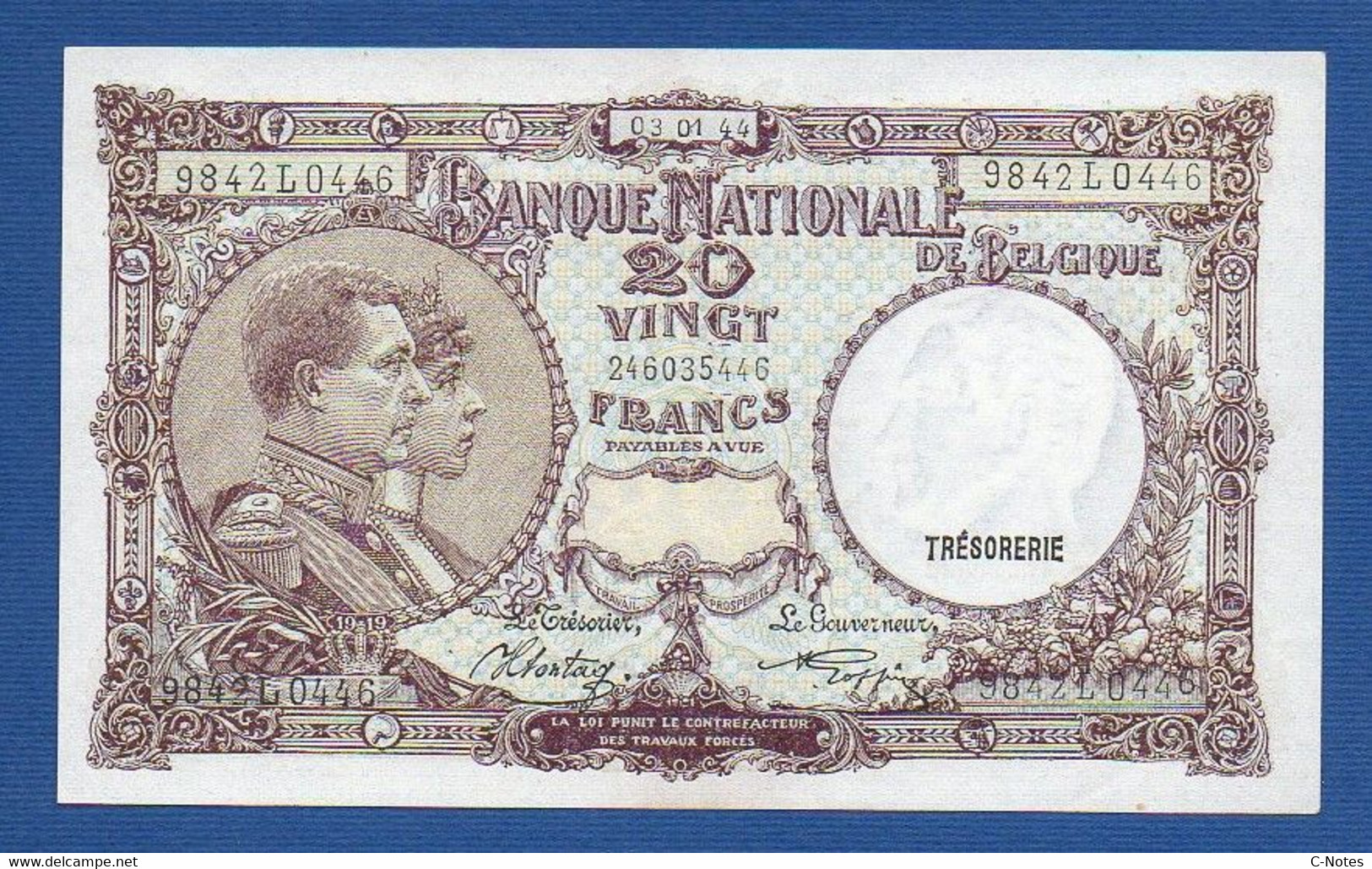 BELGIUM - P.111 - 20 Francs  03.04.1944  UNC-, Serie 9842L0446 - 20 Francos