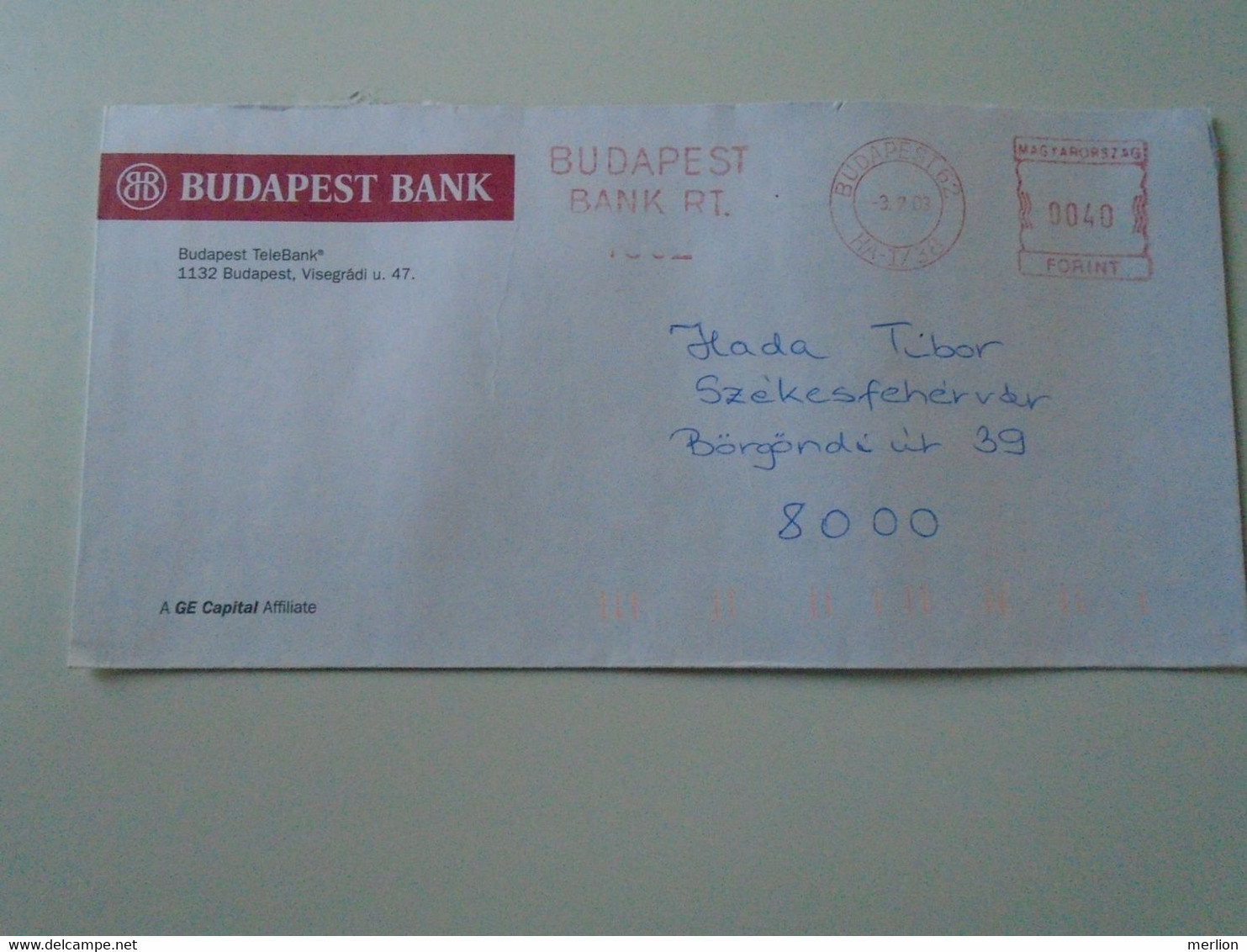 AD00012.121  Hungary Cover  -EMA Red Meter Freistempel-  2003   Budapest Bank - Automatenmarken [ATM]