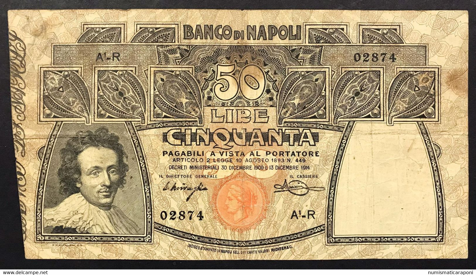 50 Lire Banco Di Napoli 30 12 1909 Miraglia Mancini N.C. Naturale Mb/bb Forellini LOTTO 3195 - Autres & Non Classés