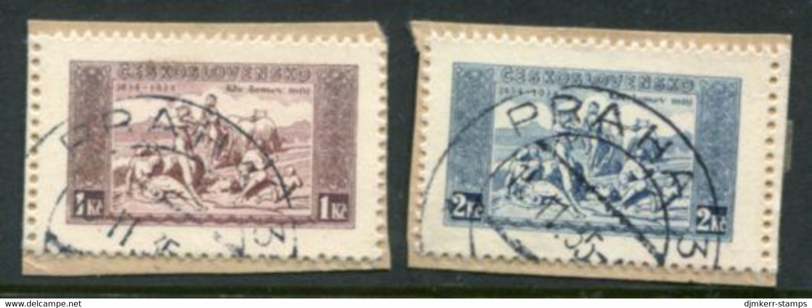 CZECHOSLOVAKIA 1934 National Anthem Centenary 1 Kc, 2 Kr.. On Carton Paper Used On Pieces. .  Michel 330-31x - Usados