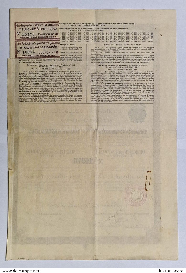 PORTUGAL-LISBOA-C.ªPortuguesa Para A Construção E Exploração De Caminhos De Ferro-Obrig.de 90$00 Nº10976-01DEZ1928 - Transport