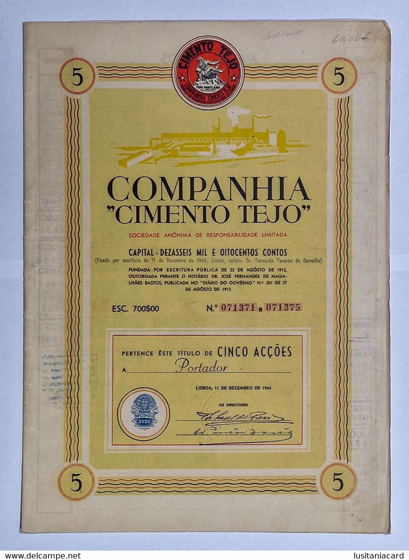 PORTUGAL-LISBOA-Companhia "Cimento Tejo"  -Titulo De 5 Acções 700$00 - Nº 071371 A 071375 - 11 De Dezembro De 1944 - Industrie