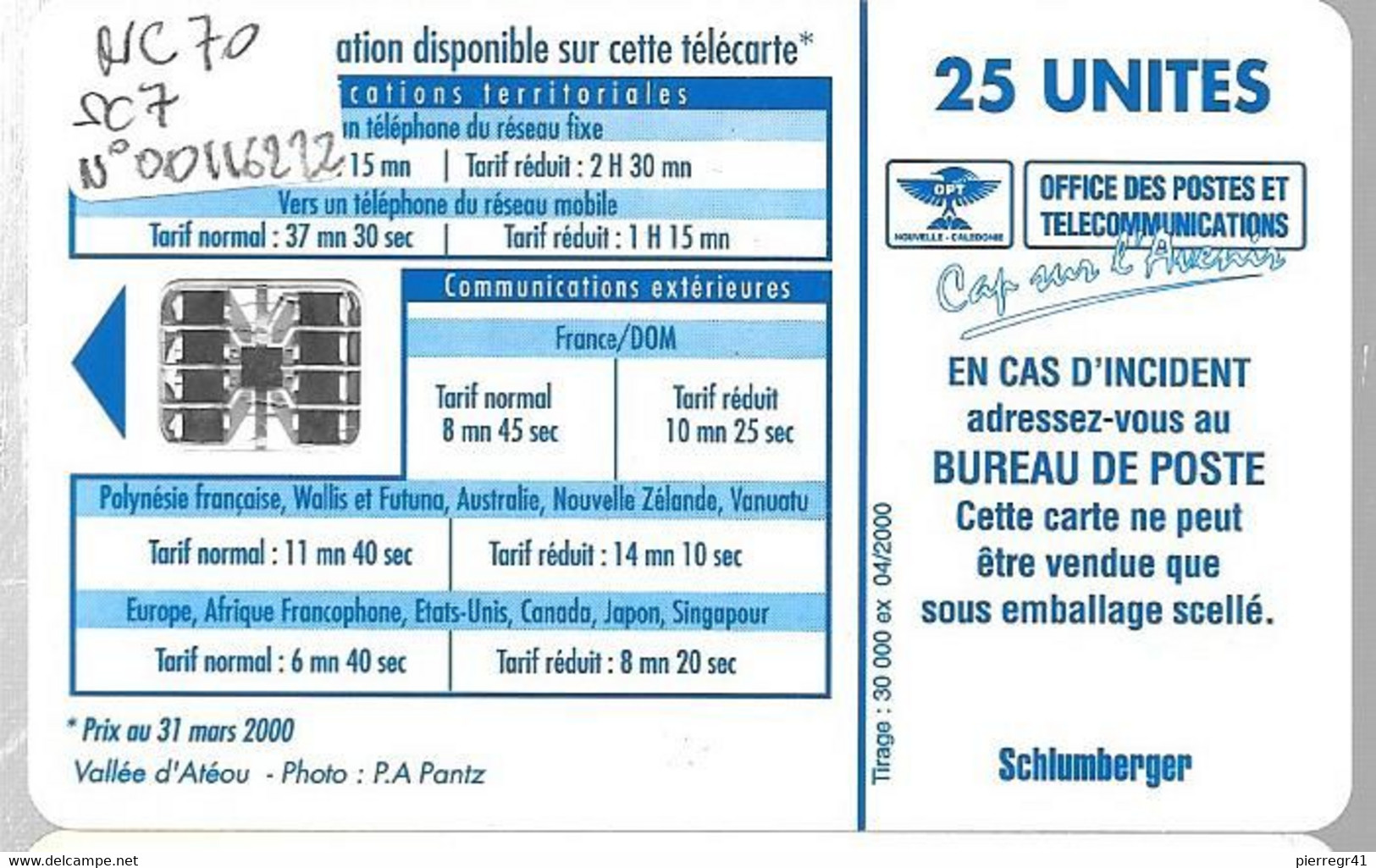 CARTE-PUCE-NOUVELLE-CALEDONIE-25U-SC7-NC70-04/2000-CASCADE DE CUI-V° 00116222-UTILISE-TBE - Nouvelle-Calédonie