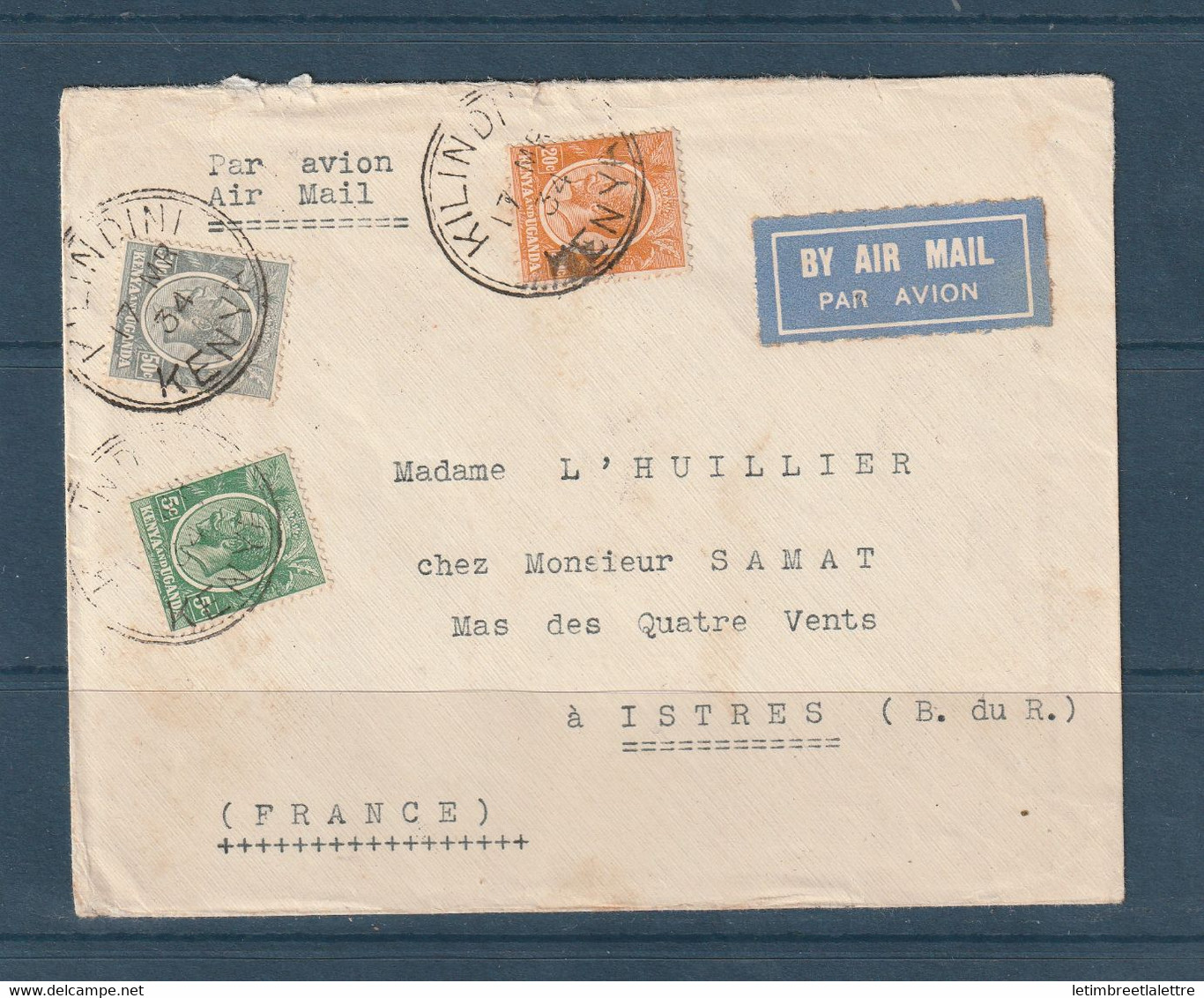 Kenya - Enveloppe ( Messageries Maritimes ) Tamatave - Cachet Kilindini Pour Istres ( France ) Par Avion - 1934 - Kenya & Ouganda