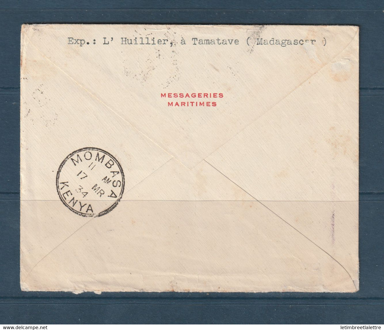 Kenya - Enveloppe ( Messageries Maritimes ) Tamatave - Cachet Kilindini Pour Istres ( France ) Par Avion - 1934 - Kenya & Ouganda