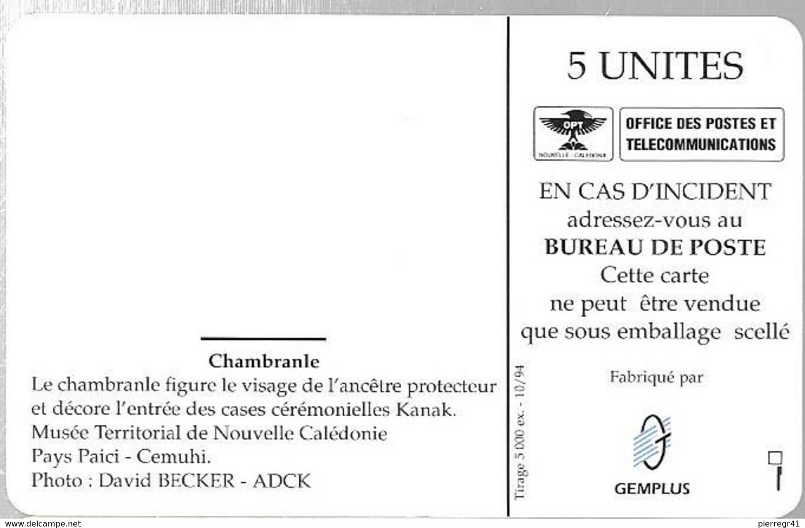 CARTE-PUCE-NOUVELLE-CALEDONIE-5U-NC20-10/94-GEMA-MEILLEURS VOEUX OPT-Utilisé-TBE-LUXE-TRES RARE - Nouvelle-Calédonie