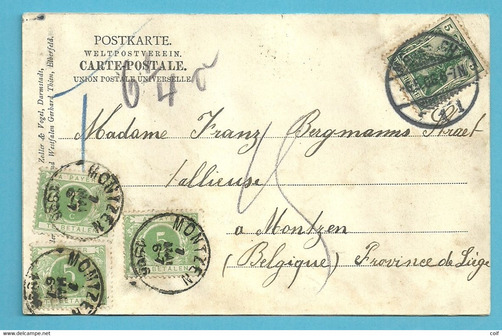 Kaart Vanuit GLADBACH Naar MONTZEN, Getaxeerd (taxe) TX 3 Stempel MONTZEN (Oostkantons) (cantons De L'Est) - OC55/105 Eupen & Malmédy