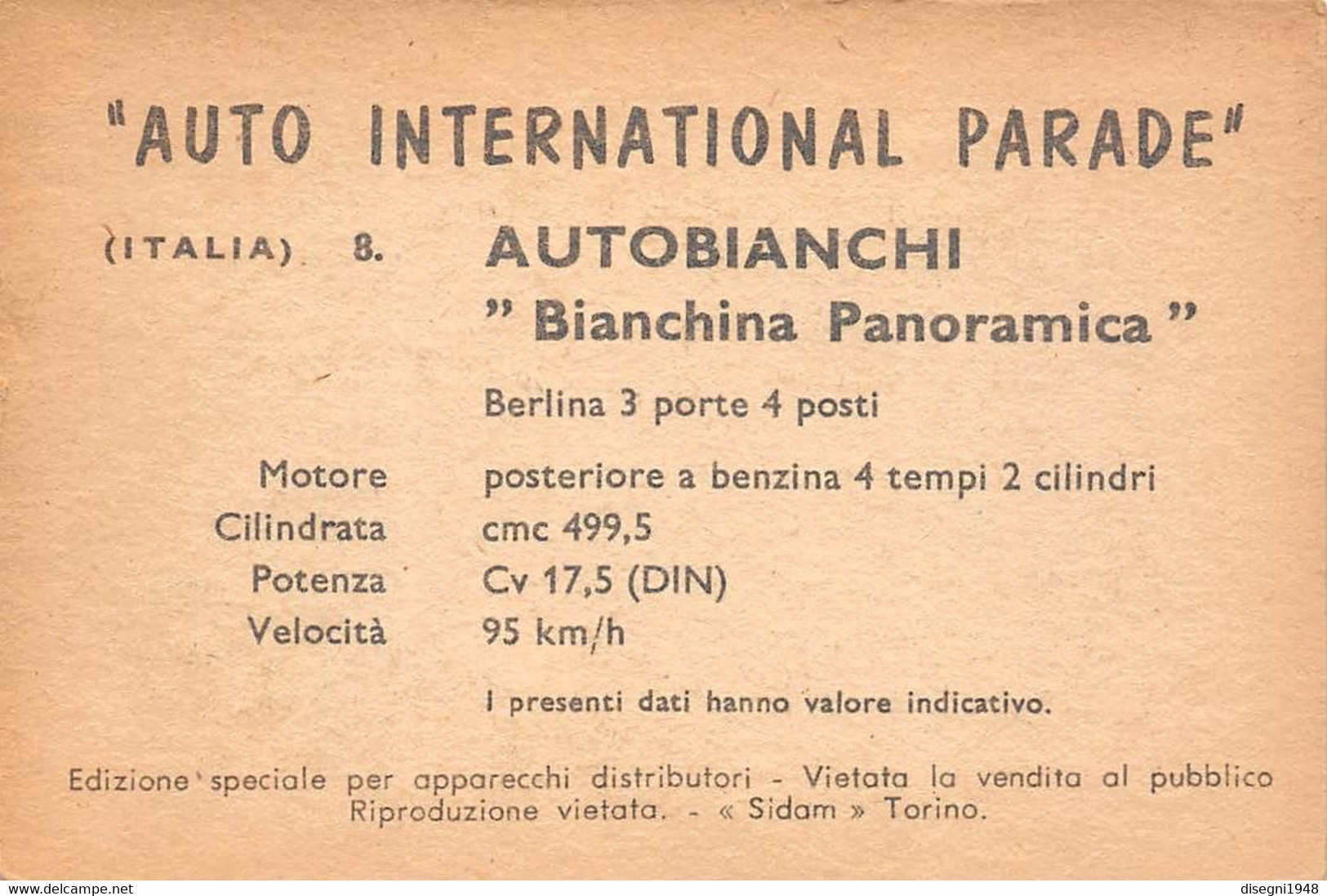 11917 "AUTOBIANCHI BIANCHINA PANORAMICA 8 - AUTO INTERNATIONAL PARADE - SIDAM TORINO - 1961" FIGURINA CARTONATA ORIG. - Motori