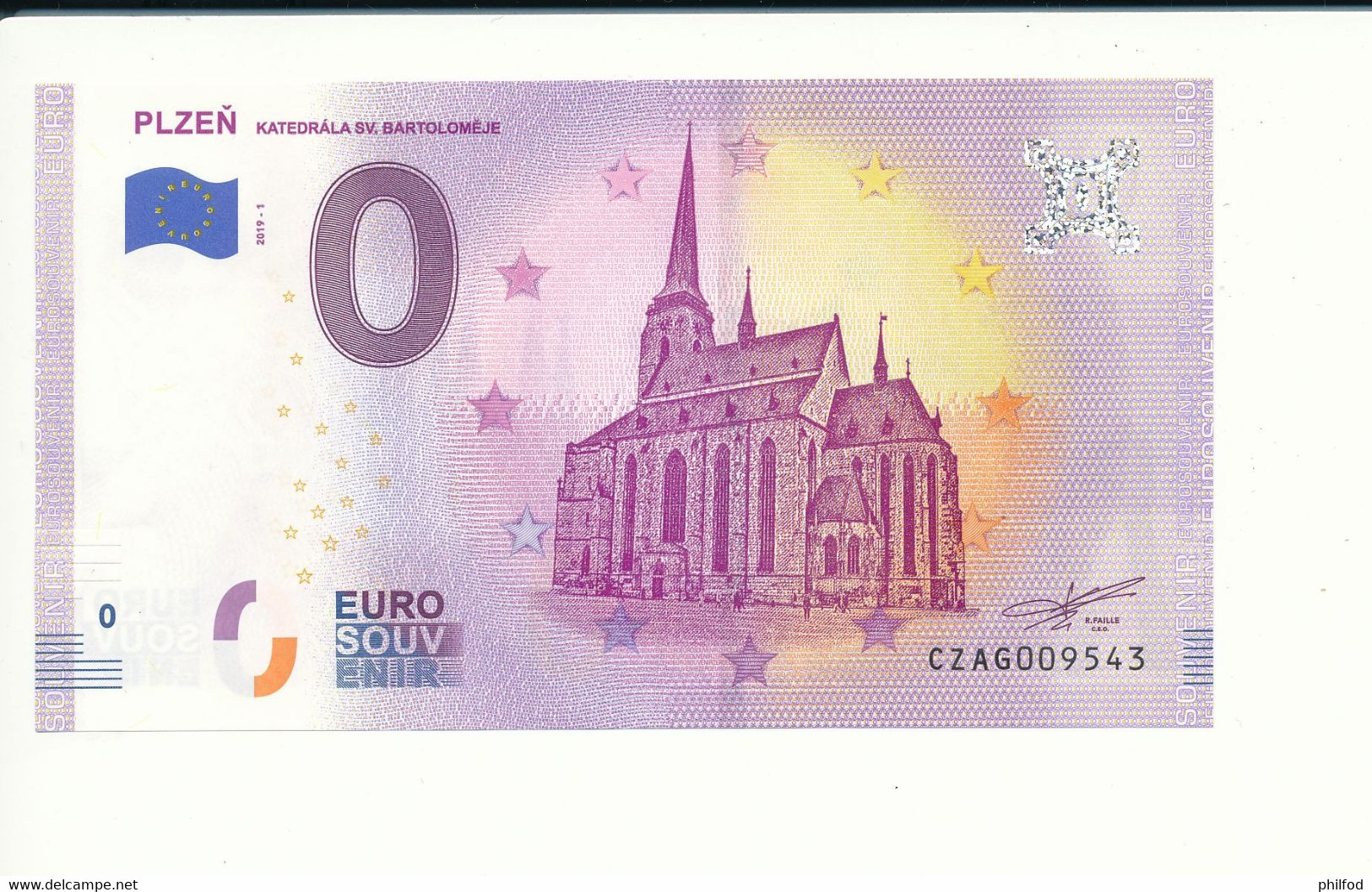 Billet Touristique 0 Euro - PLZEŇ KATEDRÁLA SV. BARTOLOMĚJE - CZAG - 2019-1 - N° 9543 - Billet épuisé - Autres & Non Classés