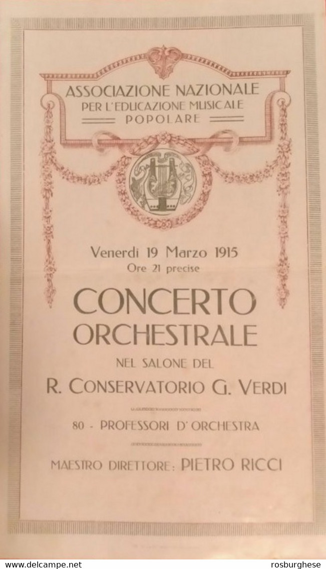 Volantino Programma Concerto Orchestrale Conservatorio Verdi Milano 1915 - Programme