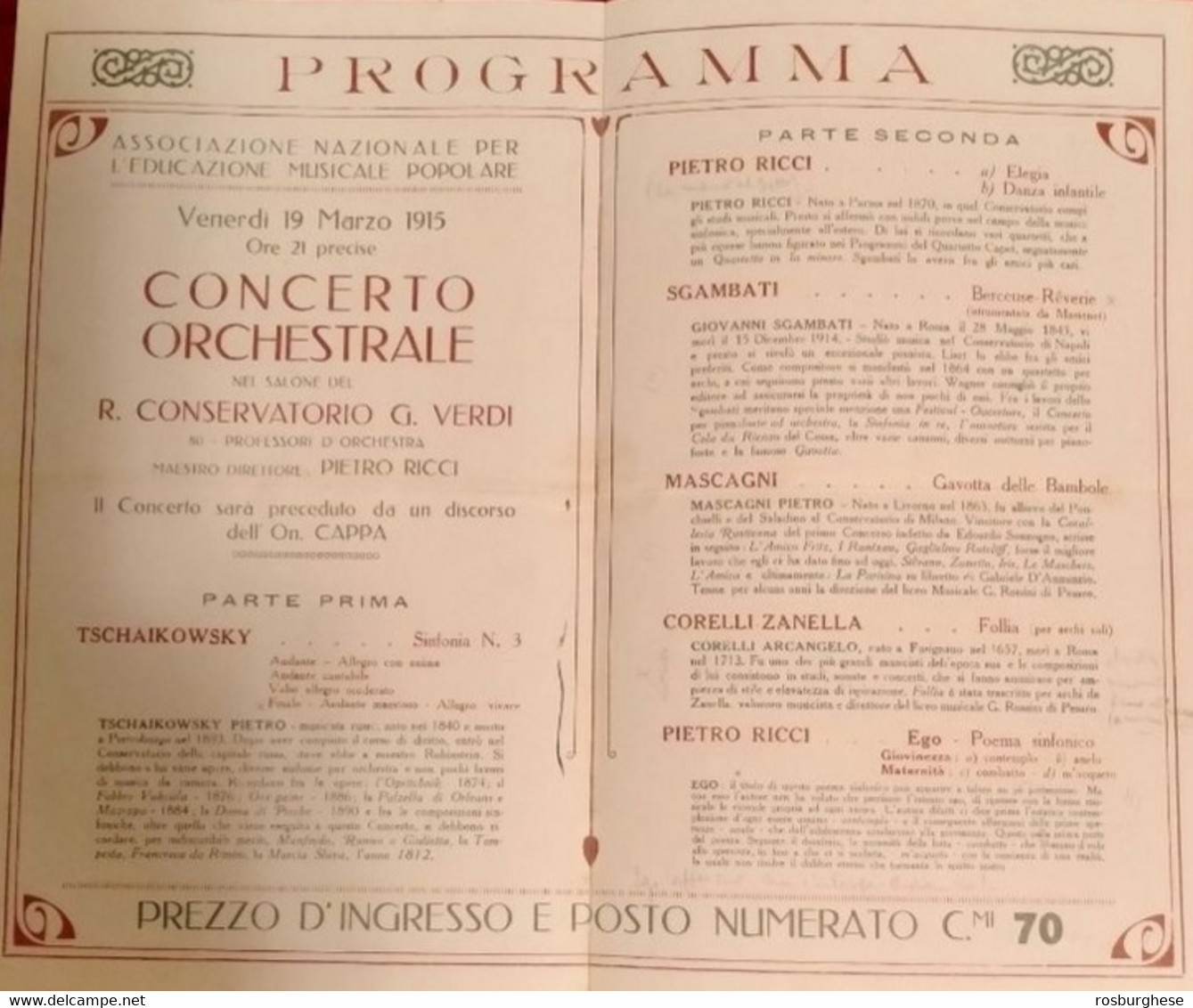 Volantino Programma Concerto Orchestrale Conservatorio Verdi Milano 1915 - Programme
