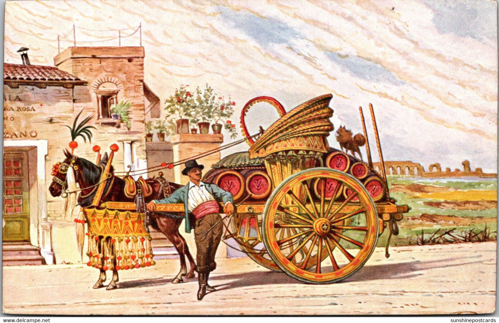 Italy Roma Rome Carrettiere A Vino Wine Vendor And Horse Drawn Cart - Transportes