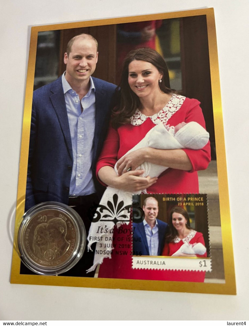 (3 Oø 35 A) Australia 2018 Prince George Birth Maxicard + 20 Cent Prince William Royal Wedding 2011 Coin - 50 Cents