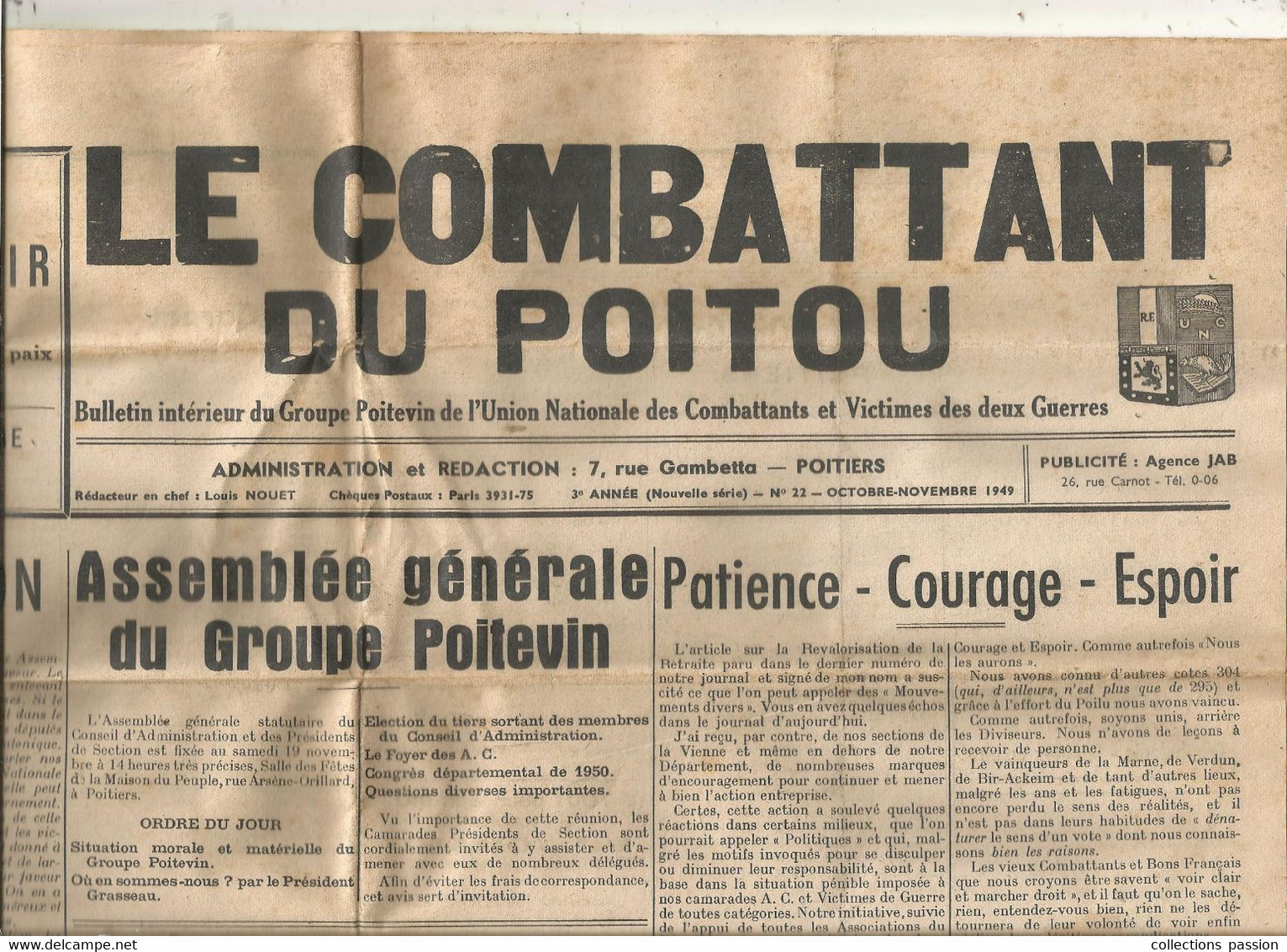 LE COMBATTANT DU POITOU,  Journal 2 Pages ,  N° 22 , Oct.-nov.1949,  Militaria ,  2 Scans , Frais Fr 2.50 E - Sonstige & Ohne Zuordnung