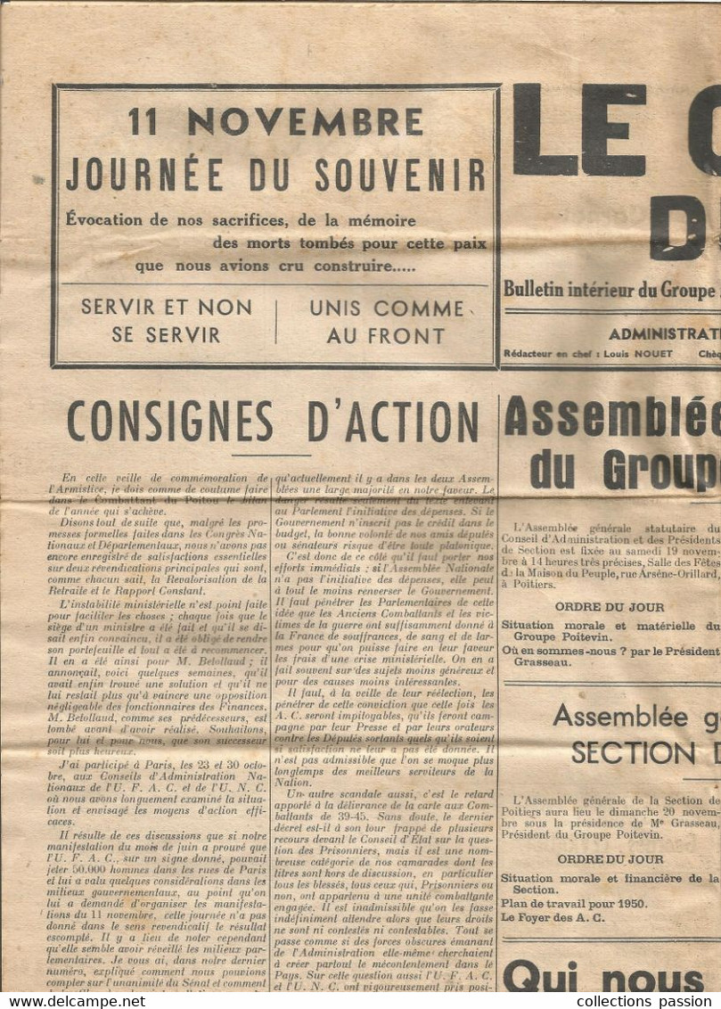 LE COMBATTANT DU POITOU,  Journal 2 Pages ,  N° 22 , Oct.-nov.1949,  Militaria ,  2 Scans , Frais Fr 2.50 E - Autres & Non Classés